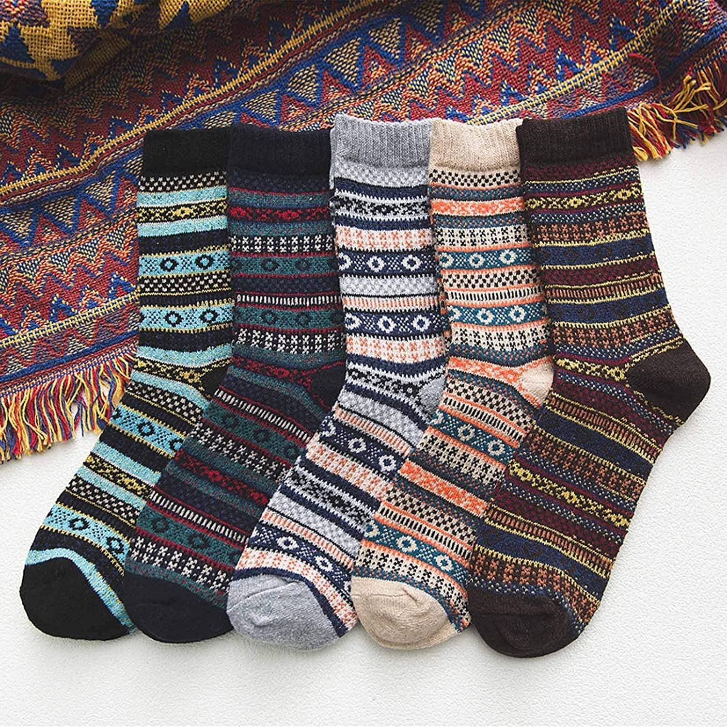 Calcetines Cómodos 5 Pares De Calcetines Estilo Vintage Para Mujeres Y Hombres, Nórdicos Punto Lana Gruesa Clásicos Cálidos Suaves Reforzada