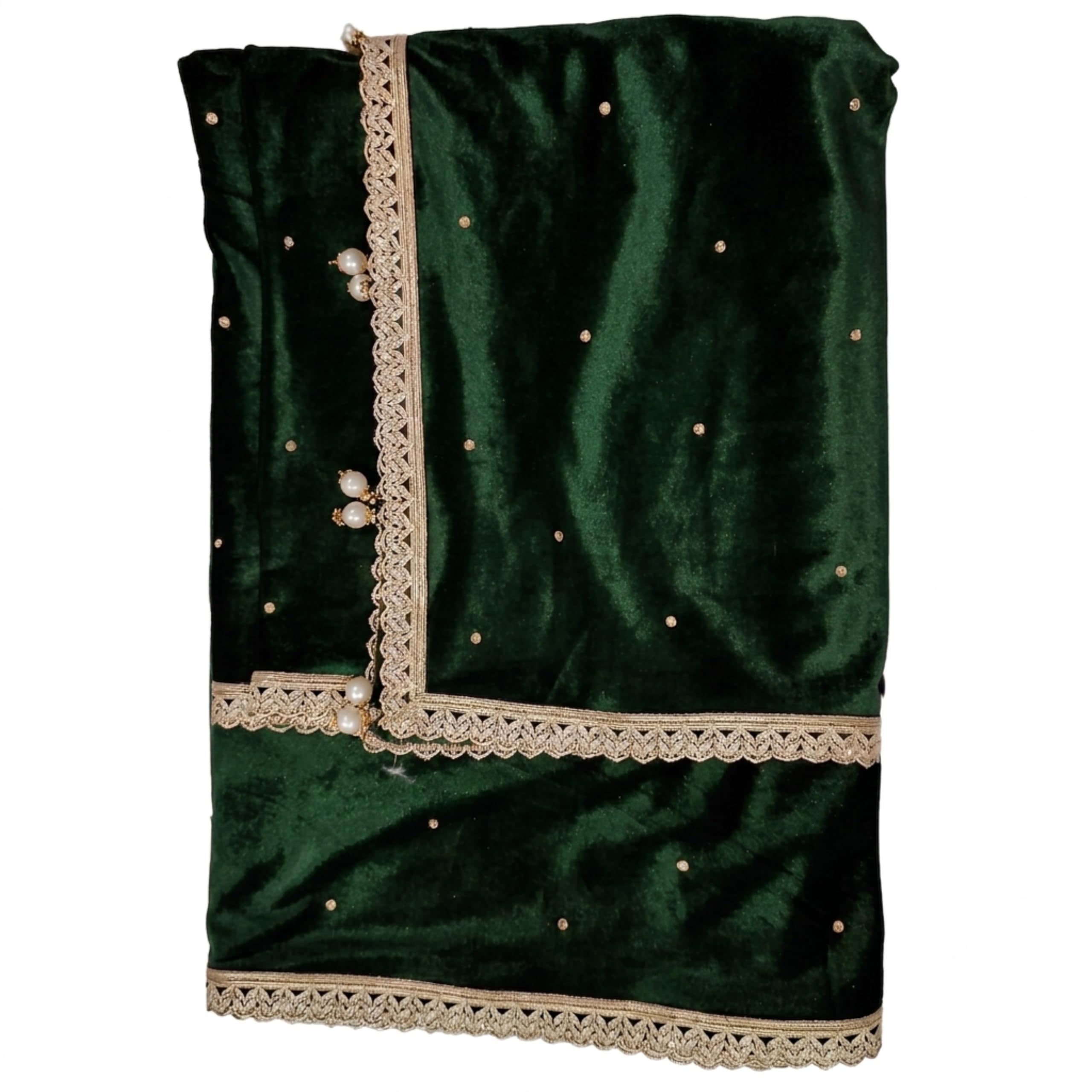 Green Velvet KASHMIRI Dupatta with Gold Lace Border and Pearl Tassels-picture-44