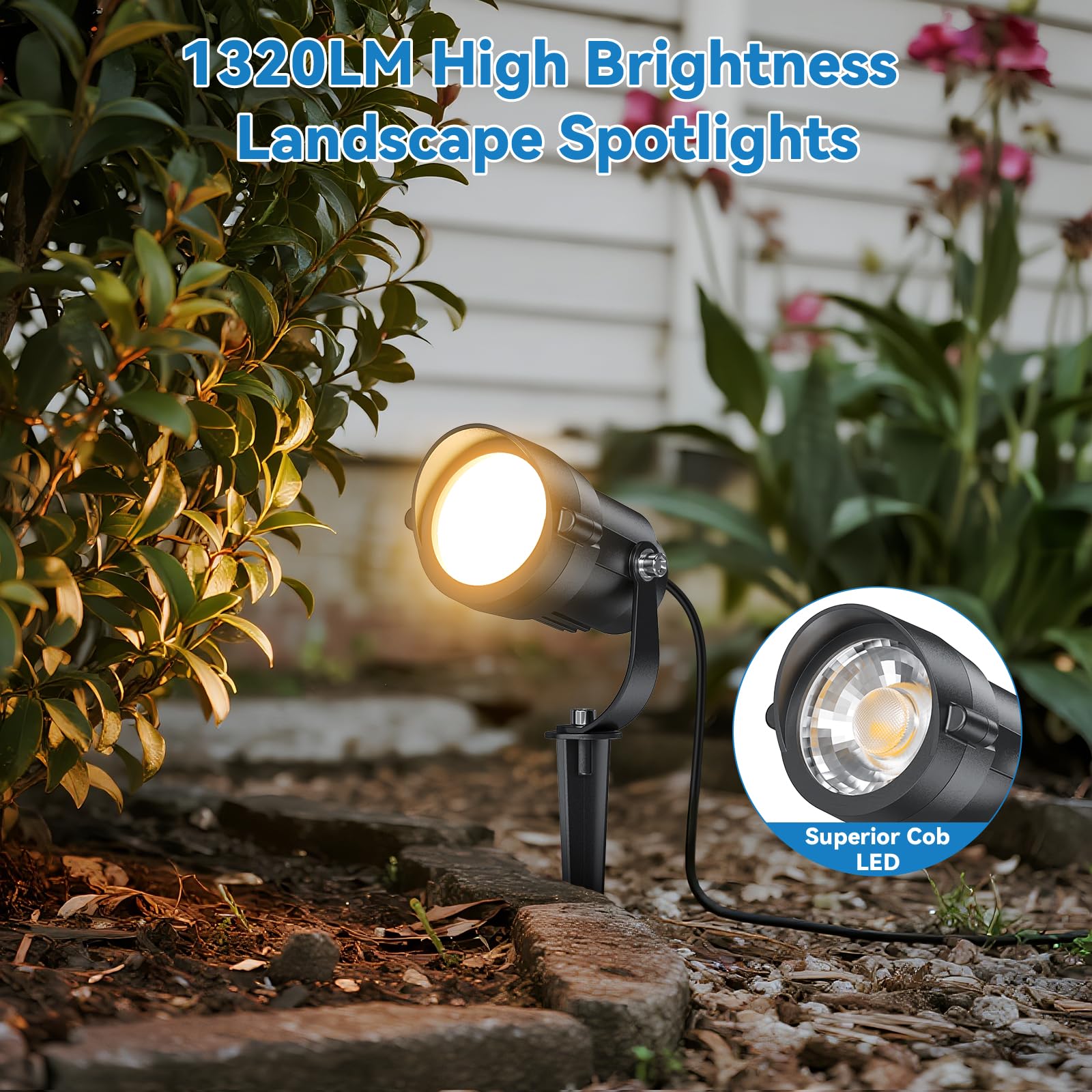 HIBOITEC Juego de 4 Focos de Jardín 12W 1320 Lúmenes, Luz Blanca Cálida 2700K, Focos LED Impermeables IP65 con Pica y Enchufe 1.5m, para Patio, Terraza, Jardín y Caminos