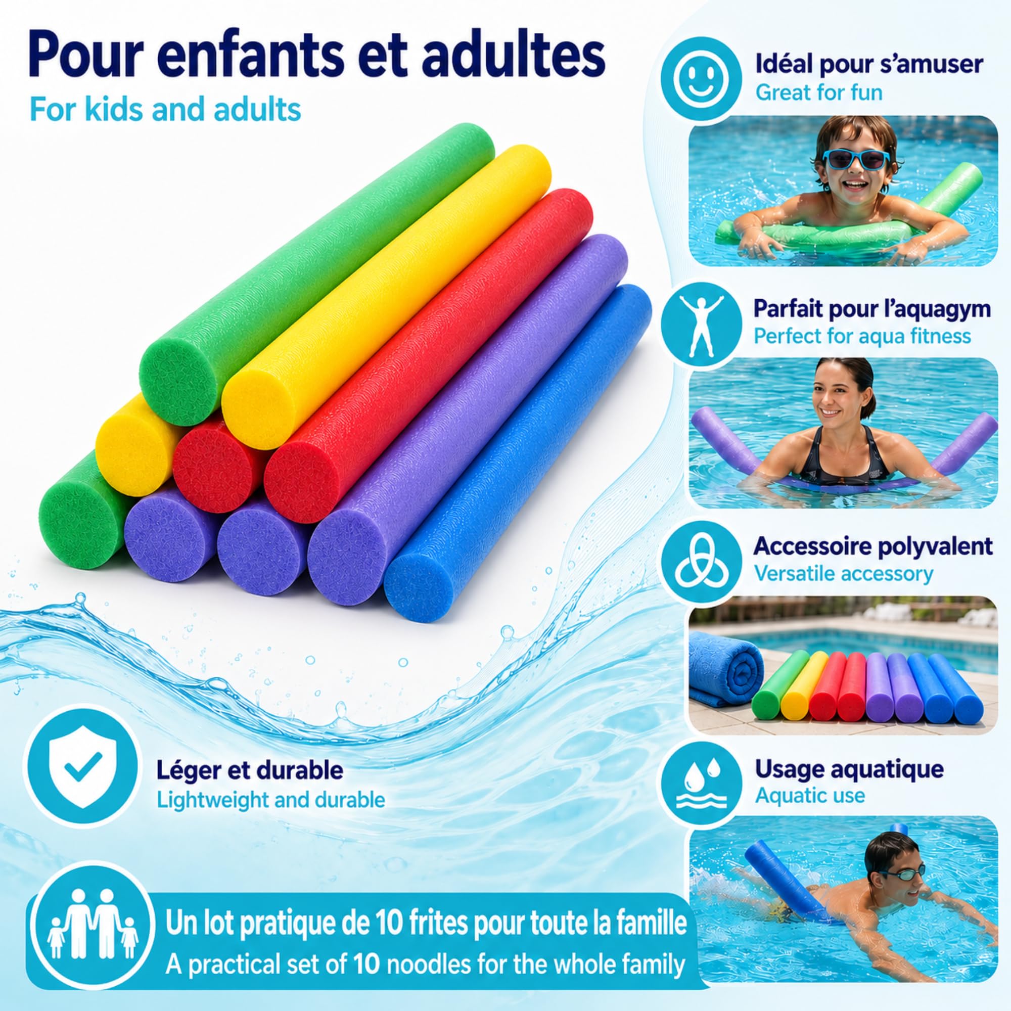 Lot 10 Frites de Piscine Mousse Flottantes 160 cm x 6,5 cm - Multicolores Souples et Resistantes - Accessoires Jeux Eau Piscine Mer Plage Aquagym Natation Enfants Adultes - Fun Noodle - Nouille