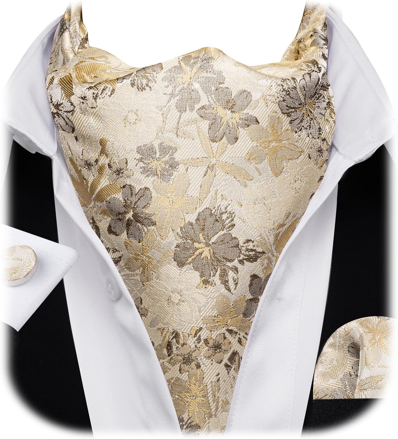 Barry.Wang Khaki Floral Men Ascot Cravat Tie with Pocket Square Paisley Jacquard Silk Woven Floral Necktie