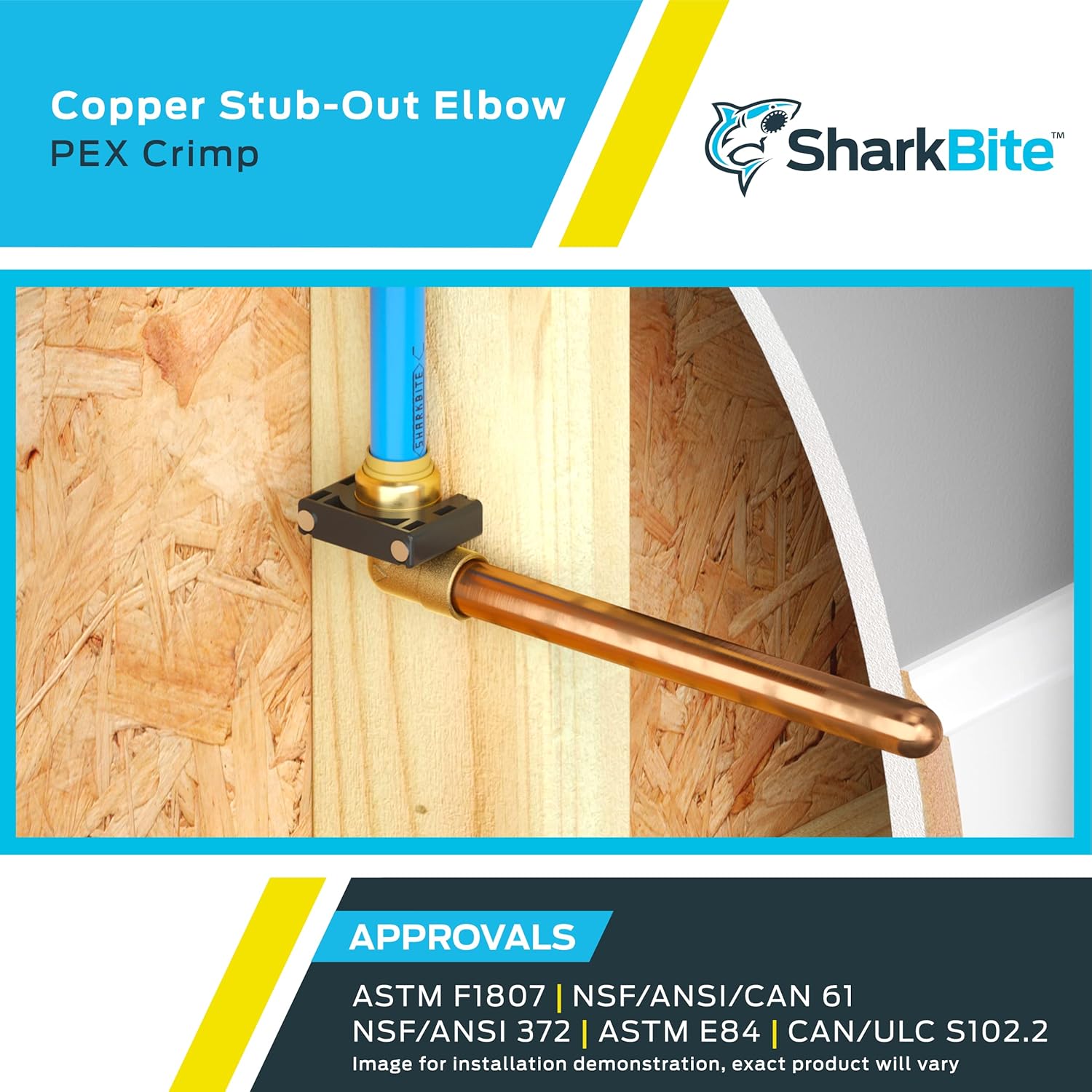 SharkBite 1/2 Inch Crimp Copper Stub Out Elbow with 4 Inch x 8 Inch Bracket, Plumbing Fittings, PEX Pipe, PE-RT, 25094A