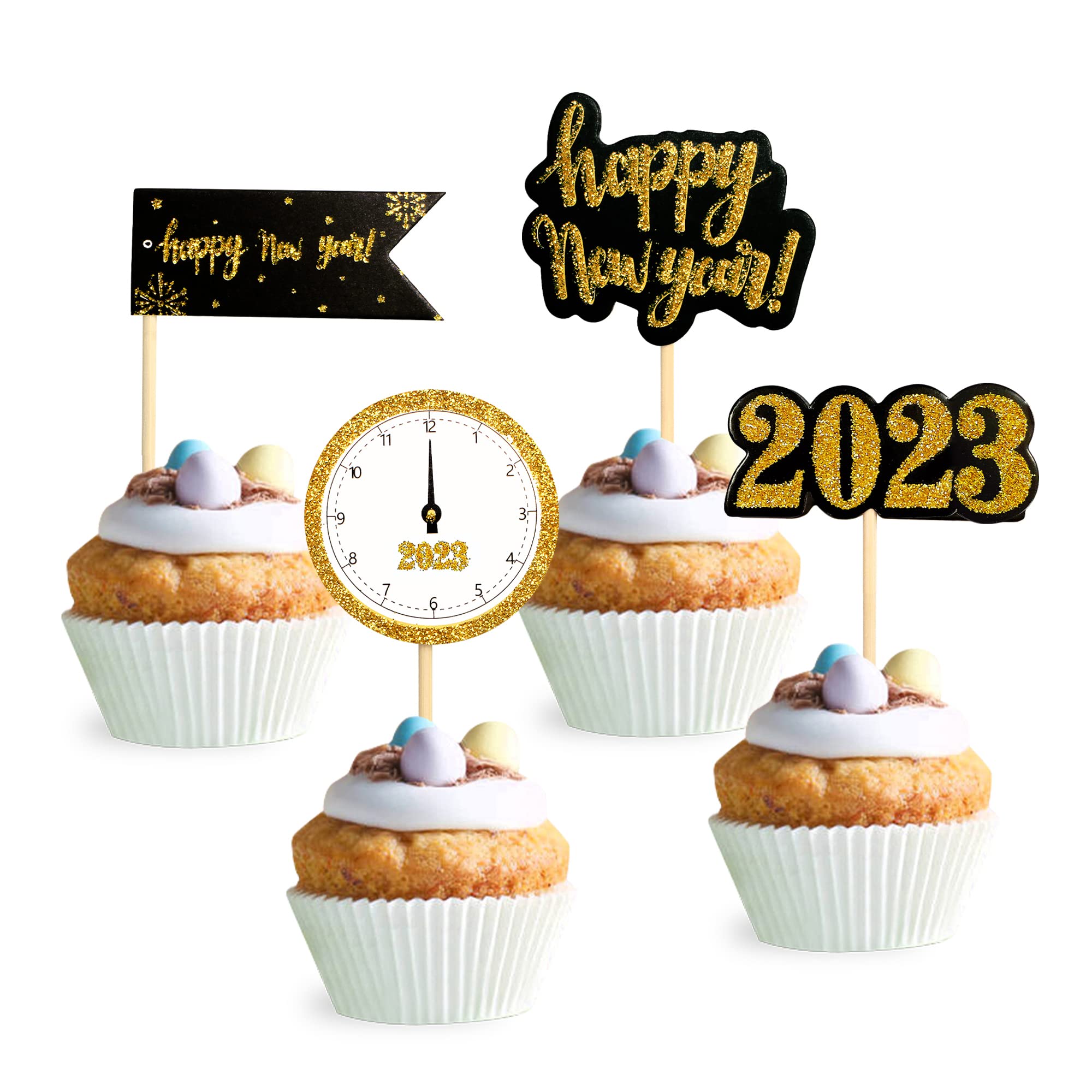 Dusenly 24pcs Happy New Year Cake Topper 2022 Gold Glitter Cupcake Toppers 2022 New Years Eve Party Cake Decorations Favor
