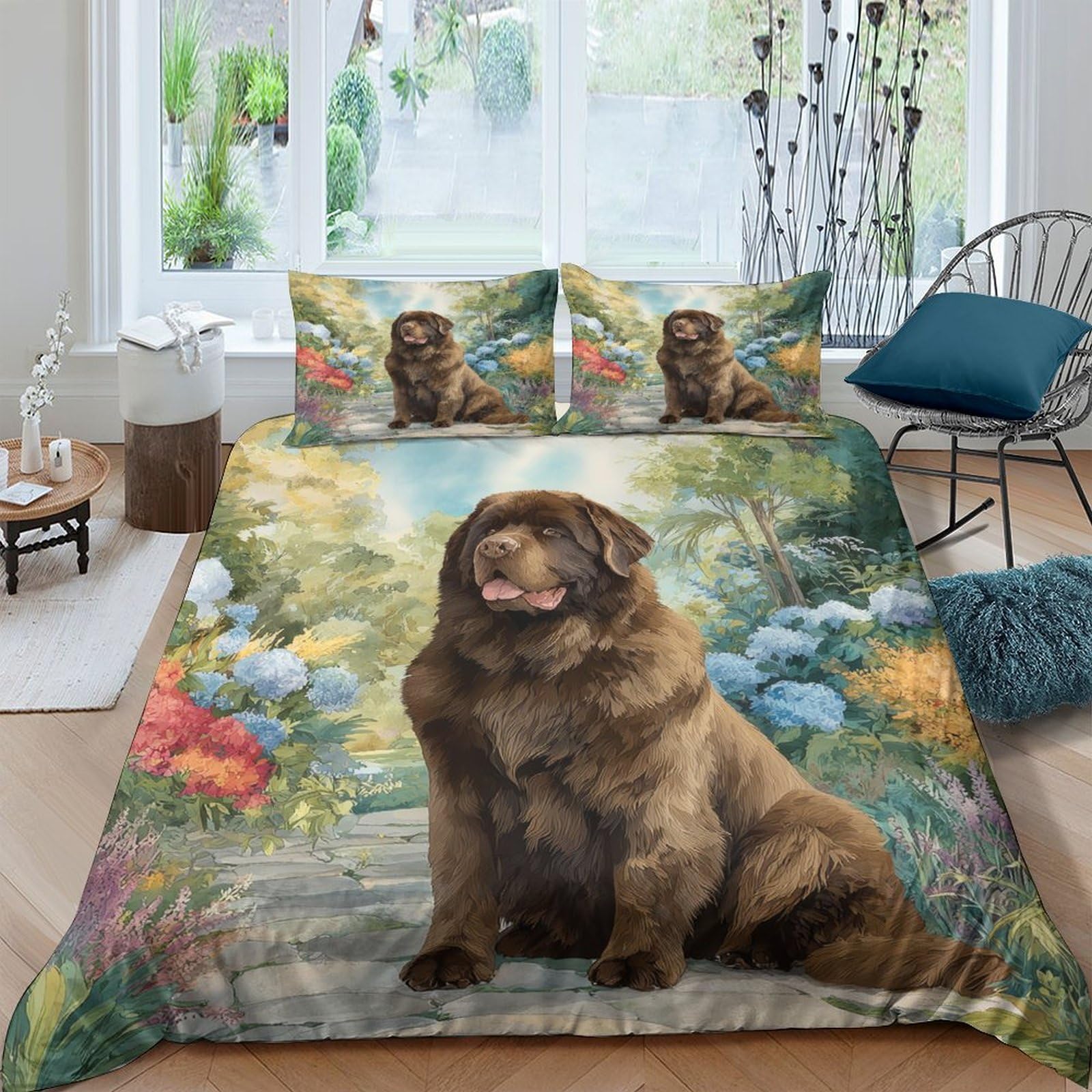 XFKLYNVCJ 3D Printed Newfoundland dog Bed Cover Polyester Garden scene painting Bedding Cover Wrinkle Resistant Fade Resistant Durable Easy Care Machine Washable for All Season Use King（220x240cm）