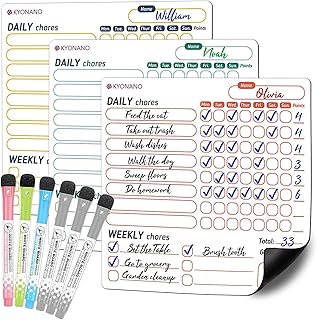 Magnetic Chore Chart - Dry Erase Behavior & Chore Chart - Kids Chore Chart for 3 Kids with 6 Colored Markers with Eraser Caps, Magnetic Refrigerator White Board for Training Responsibility
