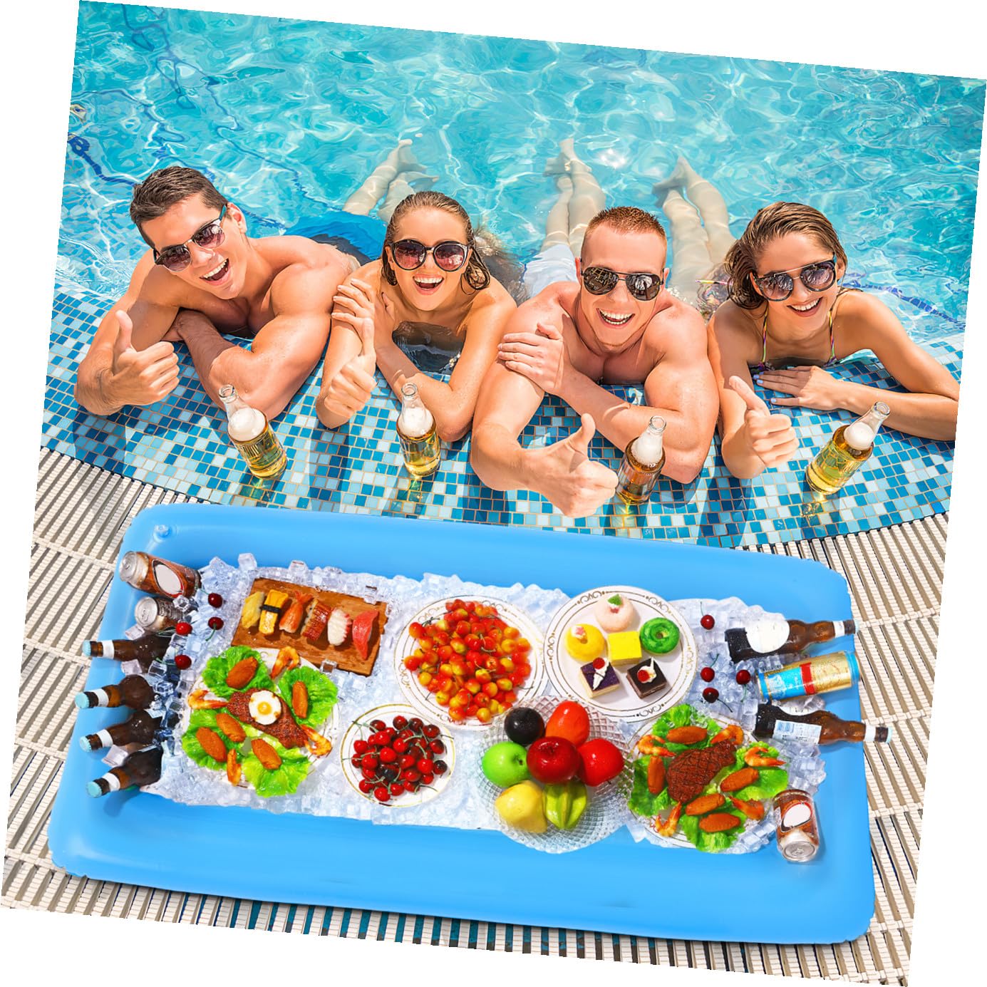Hemoton 1 lot de 2 barres de service gonflables pour piscine et 3 pièces en maille pour nourriture et buffet, plateau gonflable pour service de glace, bar avec bouchon de vidange (bleu)