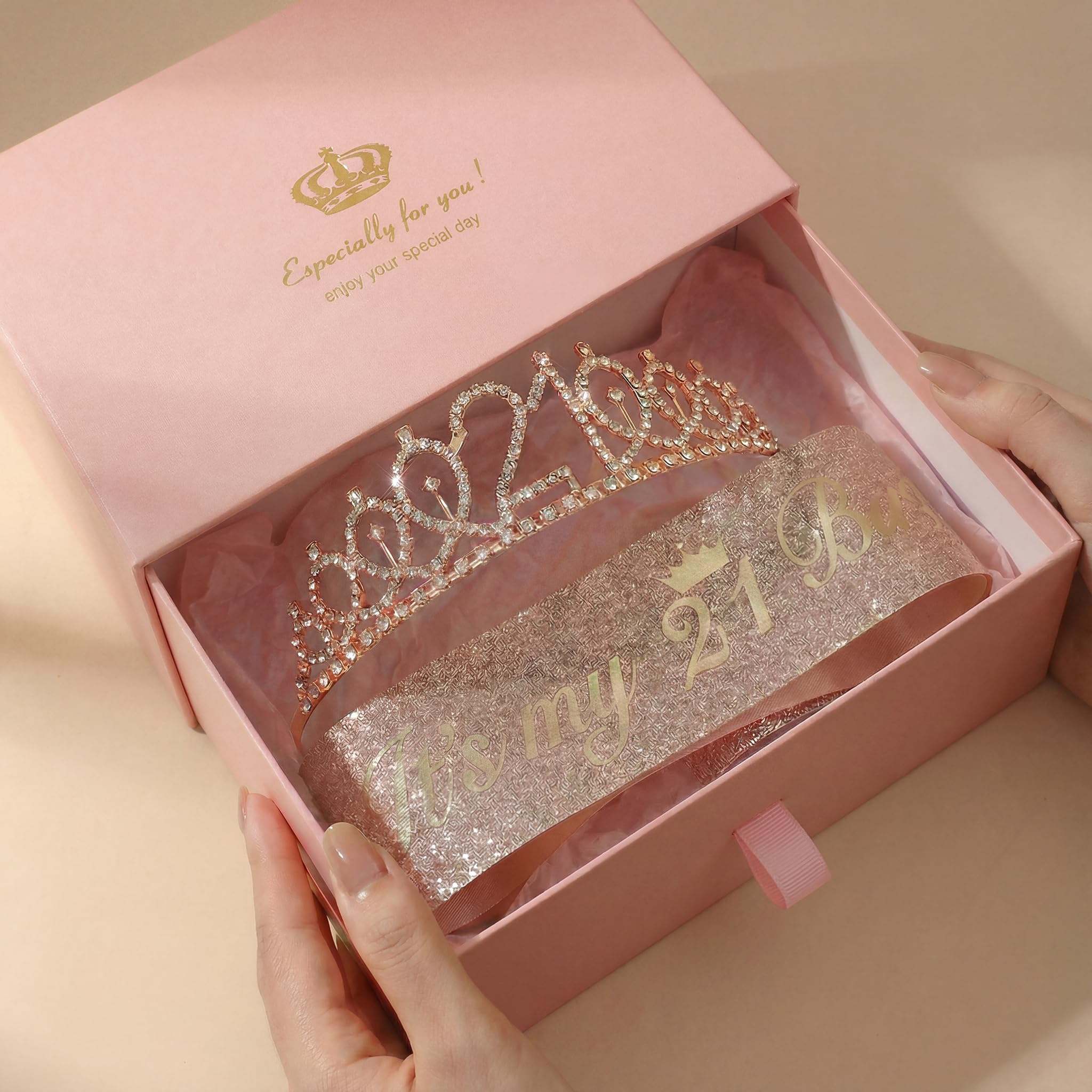 21st Birthday Decorations for Her Party-Rose Gold 21st Birthday Decorations Set with 21st Birthday Sash,Crown,Cake Topper,21st Birthday Gifts for Her&Balloons,Accompanying Card And Beautiful Gift Box 4