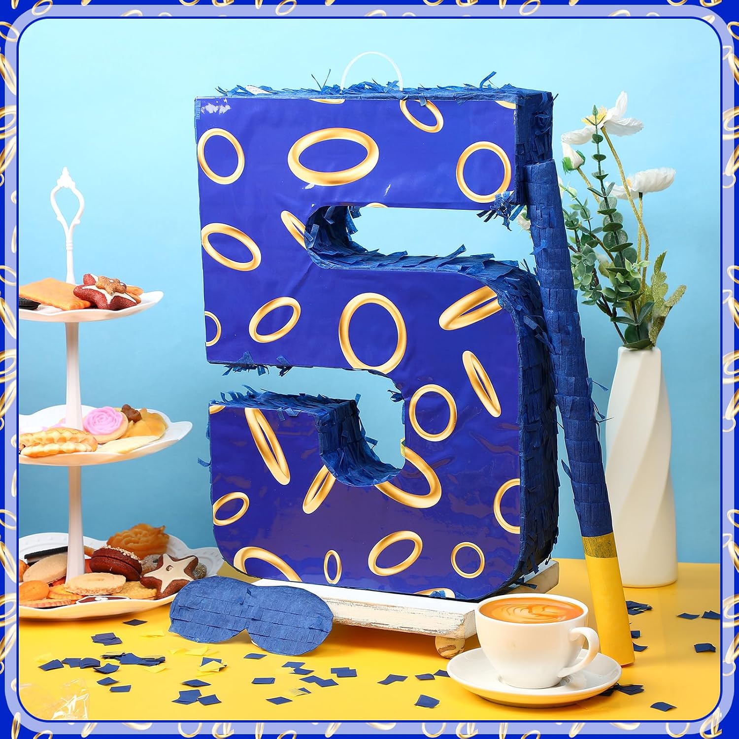 Simgoing Number 5 Blue and Golden Rings Piñata for Kids Birthday Cartoon Theme Small Piñata with Blindfold Stick Confetti for Fiesta Cinco De Mayo Party Decor, 15.8 x 11 x 2.8 Inch