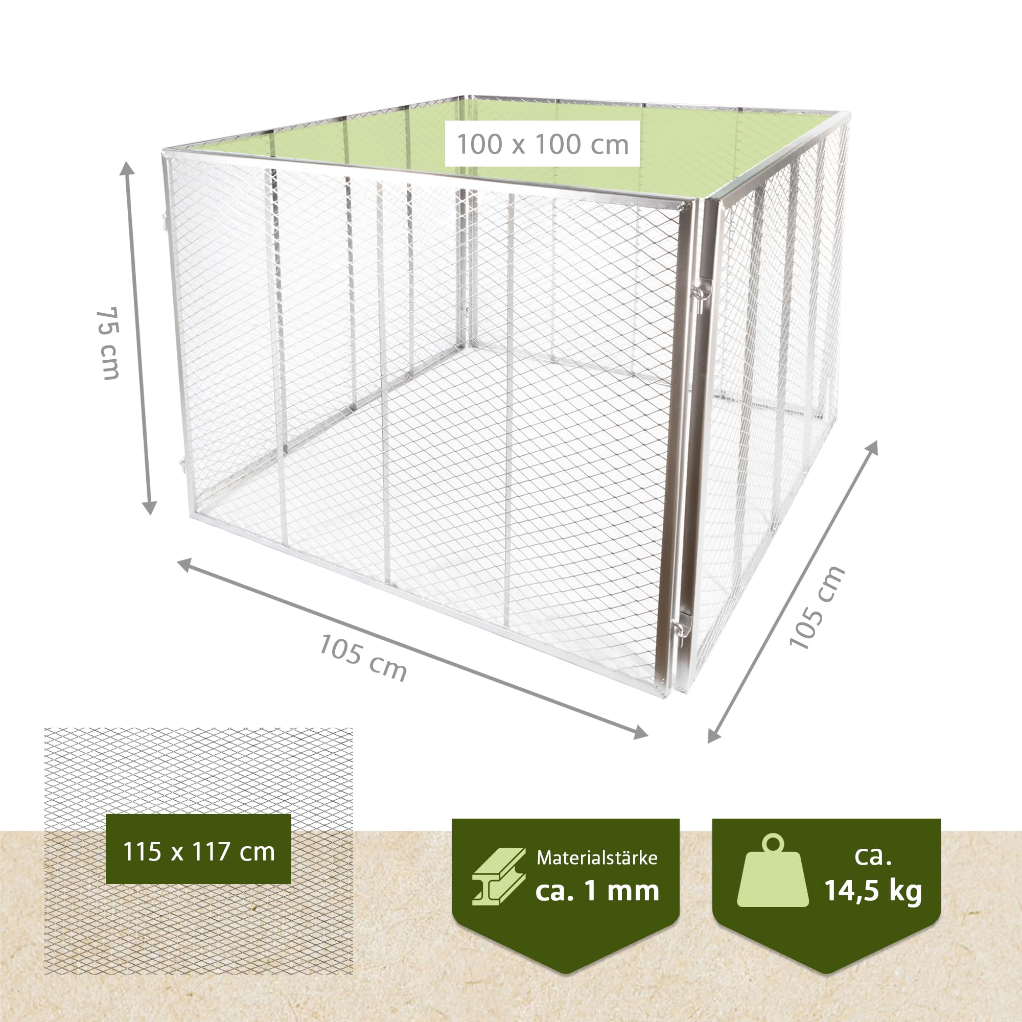 NATIV Garten Komposter 100x100x75 cm mit Bodengitter, Metallkomposter mit 750 Liter Volumen, Drahtkomposter für eigenen Kompost, Metall Komposter als Kompostsieb nutzbar, Kompostierer für Komposterde