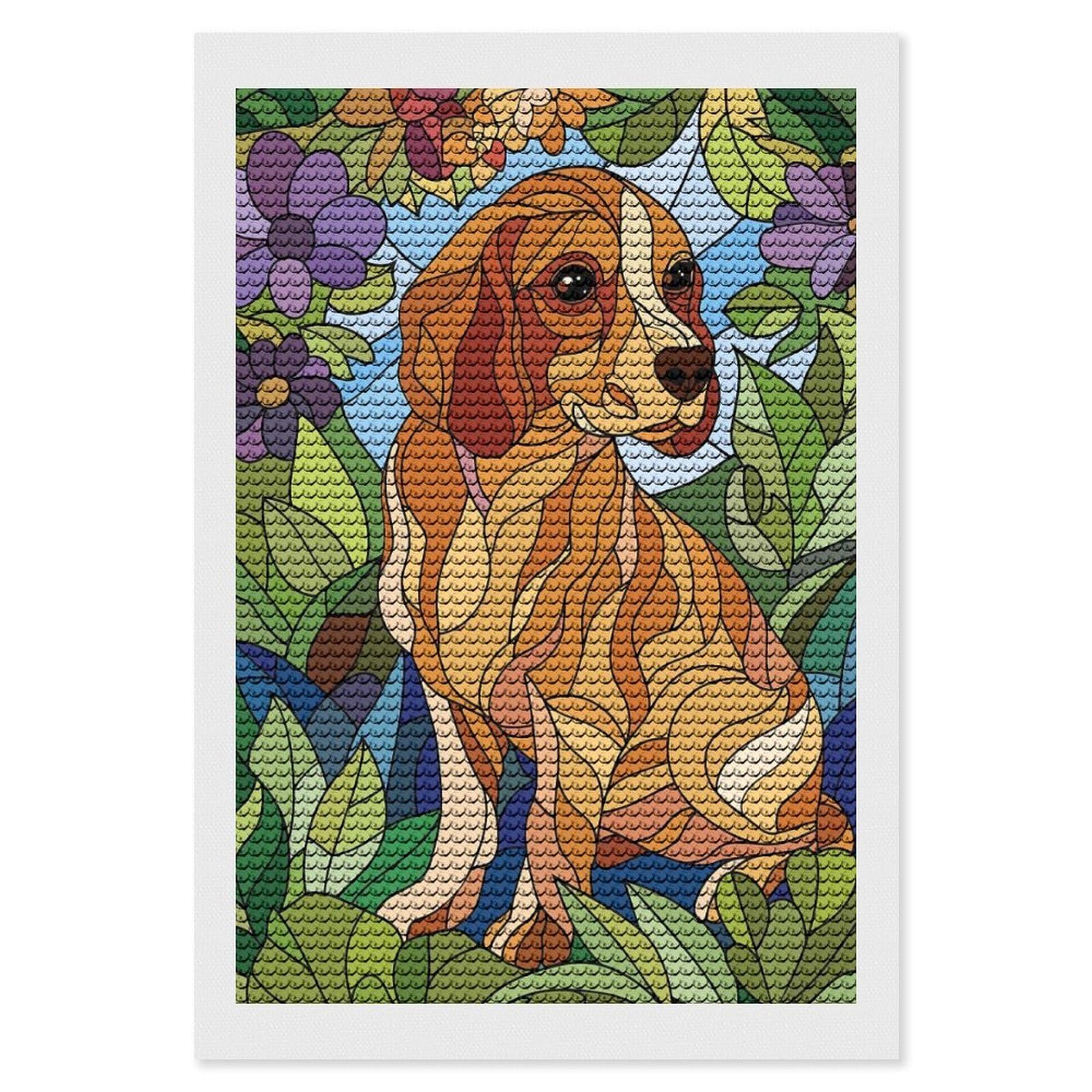 Junmoney Stained Glass Dog in Floral Surroundings Diamond Art Canvas 8"x12", Full Kit Included, Bedroom Decor, for Beginners, Thoughtful Handmade Gift