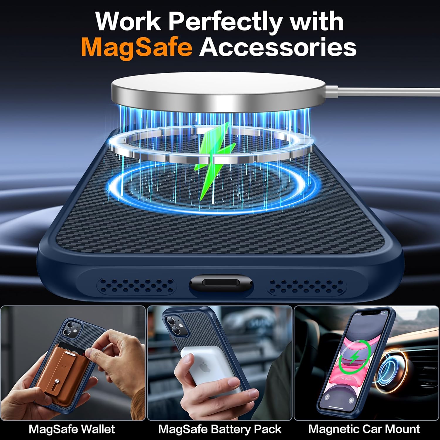Magnetic for iPhone 11 Phone Case-Compatible with MagSafe-Carbon Fiber Texture-Slim Military Grade Drop Protection Phone Case for iPhone 11 6.1",Blue - Image 3