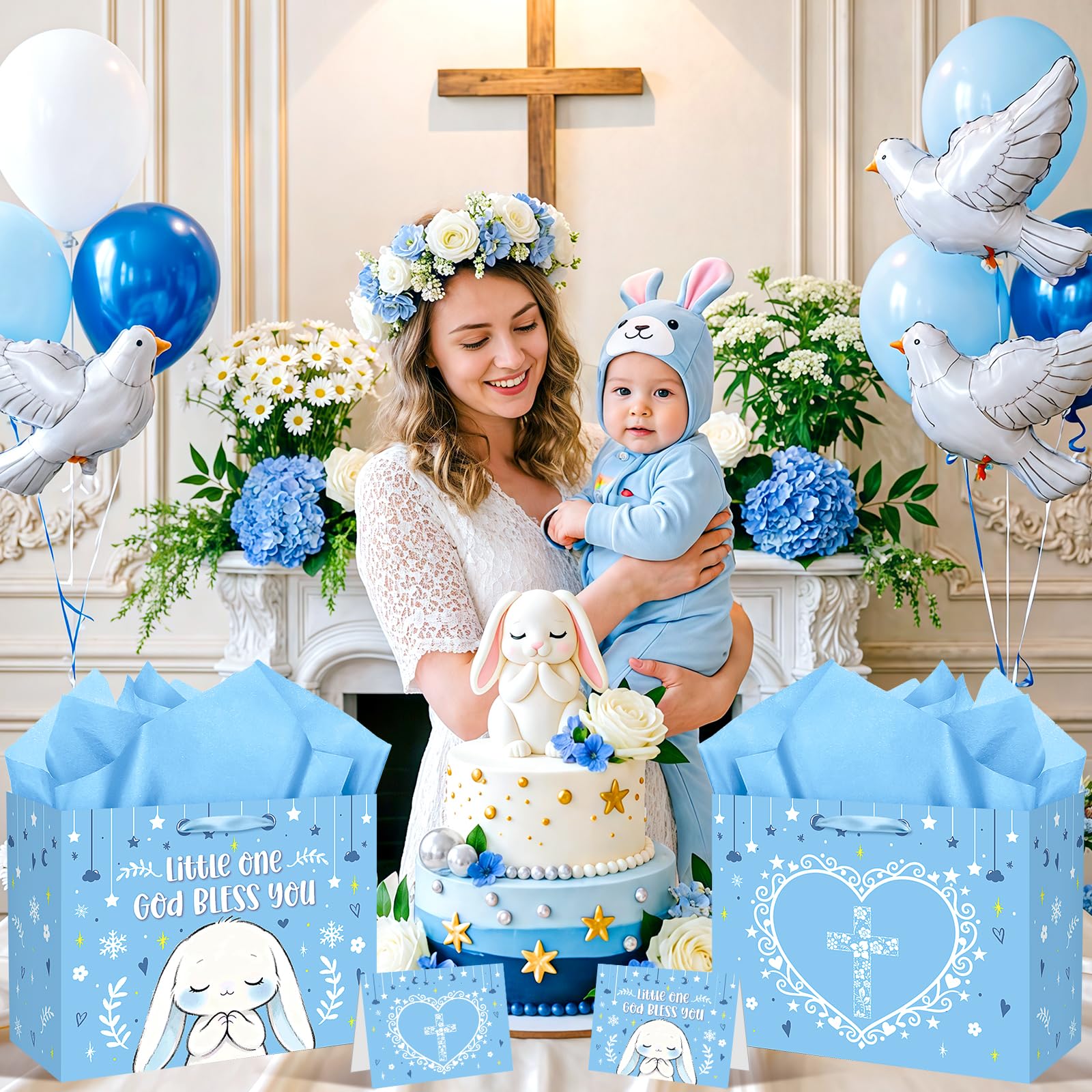 Blue Bunny Baptism Gift Bag for Baby Boys, God Bless You Religious Gift Bag with Greeting Card and Tissue Paper Christening First Holy Communion Party Supplies Boy Baptism Wrapping Paper Bag 11.8"