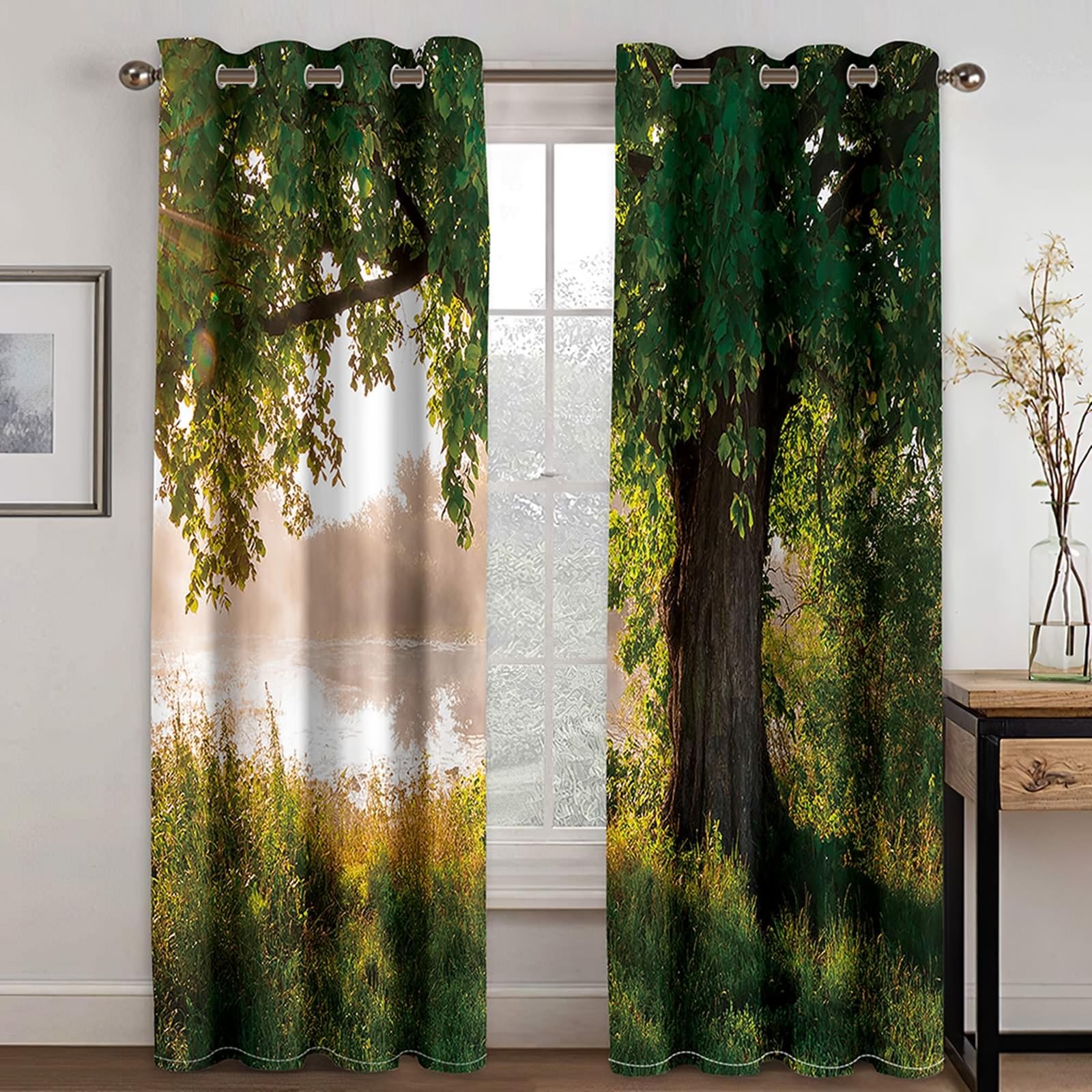 Gualiy Lot de 2 Rideaux Salon, Rideau Occultant Thermique Isolant Paysages de Lac et Arbres Rideau Vert 137x183cm