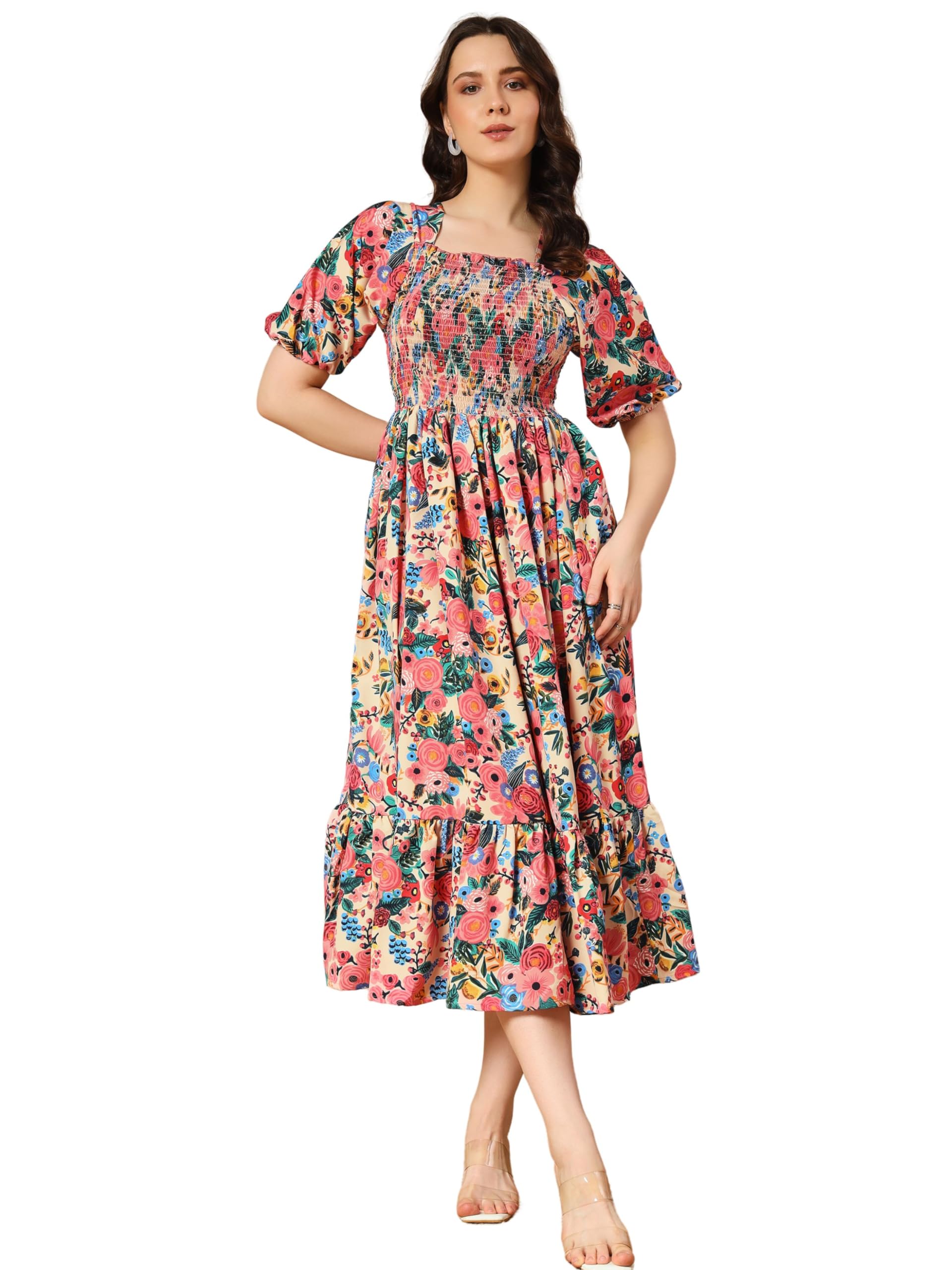 Buy CJK-Women's Casual Flower Print Puff Sleeve Maxi Dress