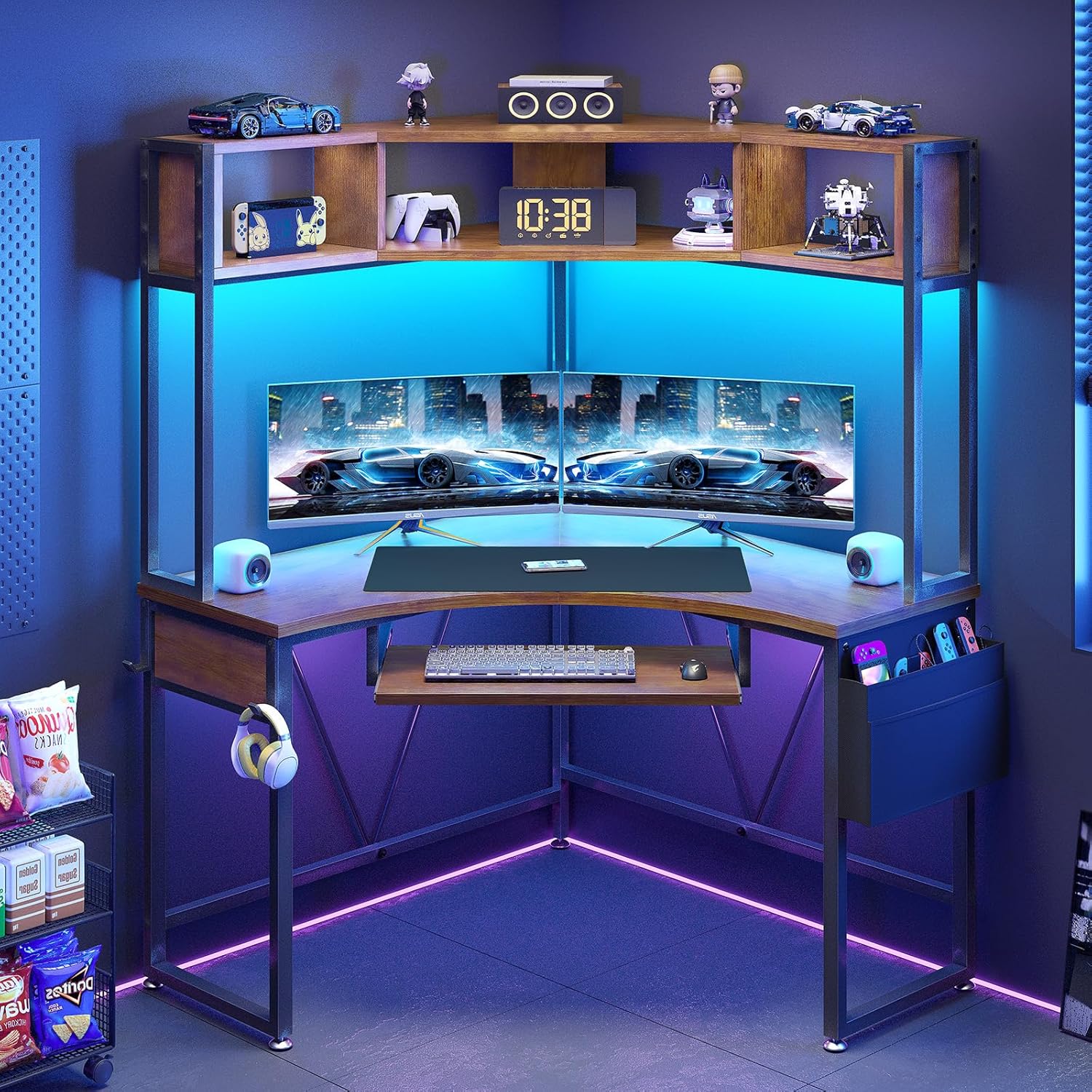 SEDETA Corner Desk, Small Computer Desk with Hutch & LED Lights, Triangle Corner Computer Desk with Keyboard Tray, Storage Bag, and Headphone Hook for Small Space, Home Office Desk, Rustic Brown