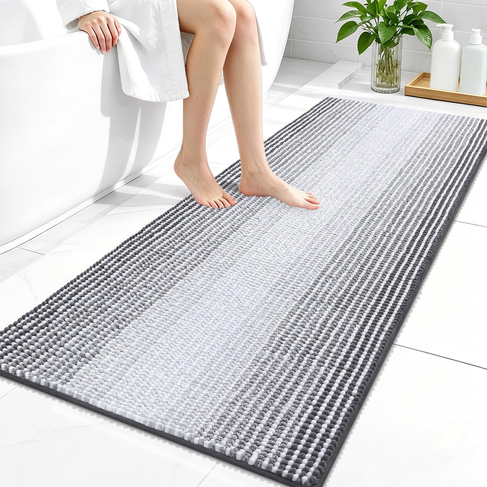 OLANLY Bathroom Runner Rugs 47x24, Soft Chenille Striped Bath Rugs, Grey