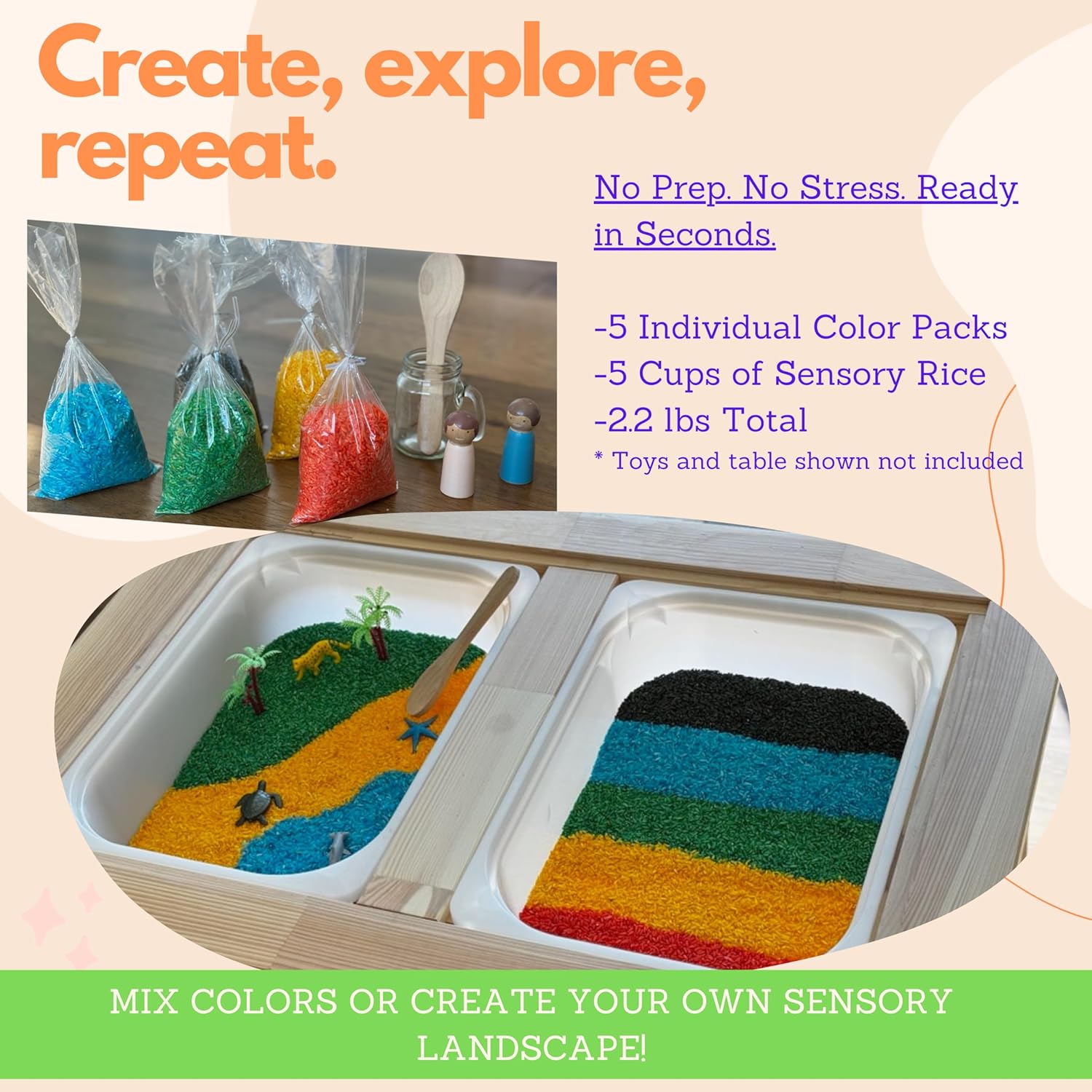 Rainbow Sensory Rice/Bin Filler for Calm, Creative Play. 5 Colors, 5 Cups (2.25 lbs). Montessori Fine Motor Activity for Kids- Non-Toxic, Hand-Dyed, Sensory Toy – Made in USA (5 Cups, 2.2 LBS)