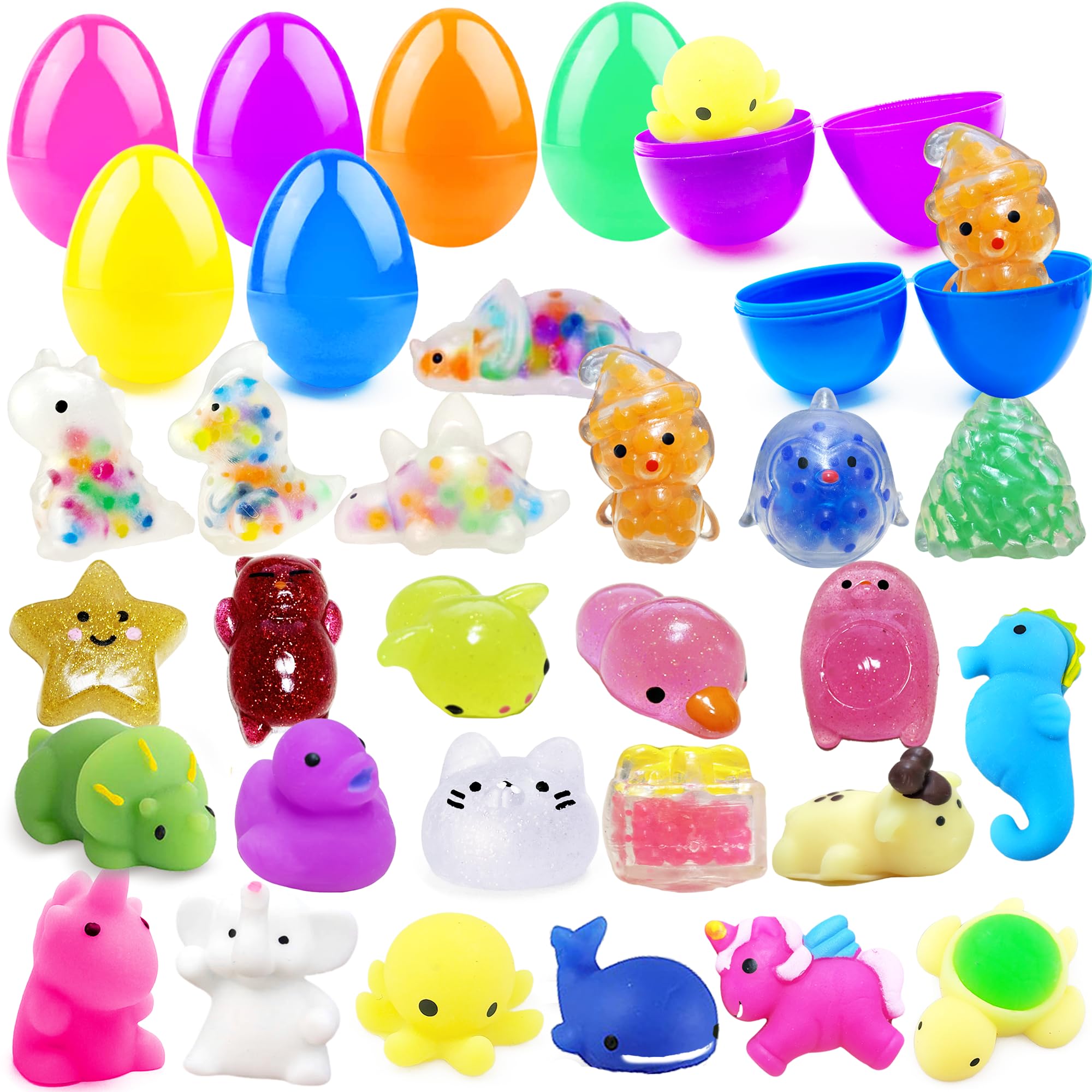 Uova Di Pasqua Preriempita Con 24 Pezzi Di Mini Mochi Toys, 24 Pezzi Uova Di Plastica Colorate Piene Di Giocattoli,Antistress Mochi Toys, Caccia All'Uovo Di Pasqua,Regalo Bambini Pasqua