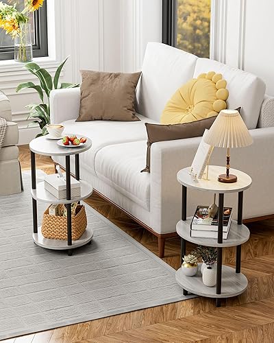 Miniatura 6 de Mesa auxiliar redonda pequeña, mesa decorativa ovalada de 3 niveles para espacios pequeños, mesa auxiliar de sofá de madera rústica y metal, mesita