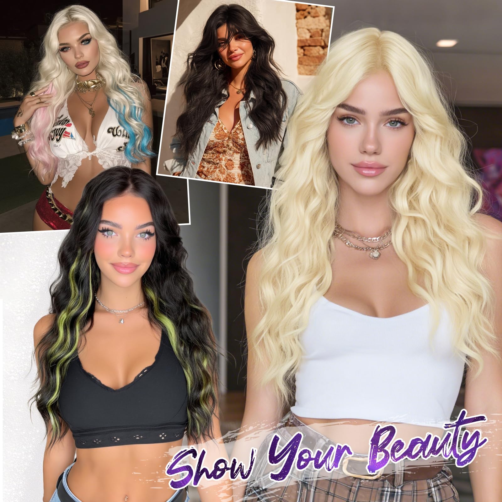 Haloo  Wigs with Curtain Bangs for Women - Long Wavy Middle Part Natural Looking Synthetic Hair Wig for Daily Party Cosplay Costume, 26 Inch: Pink