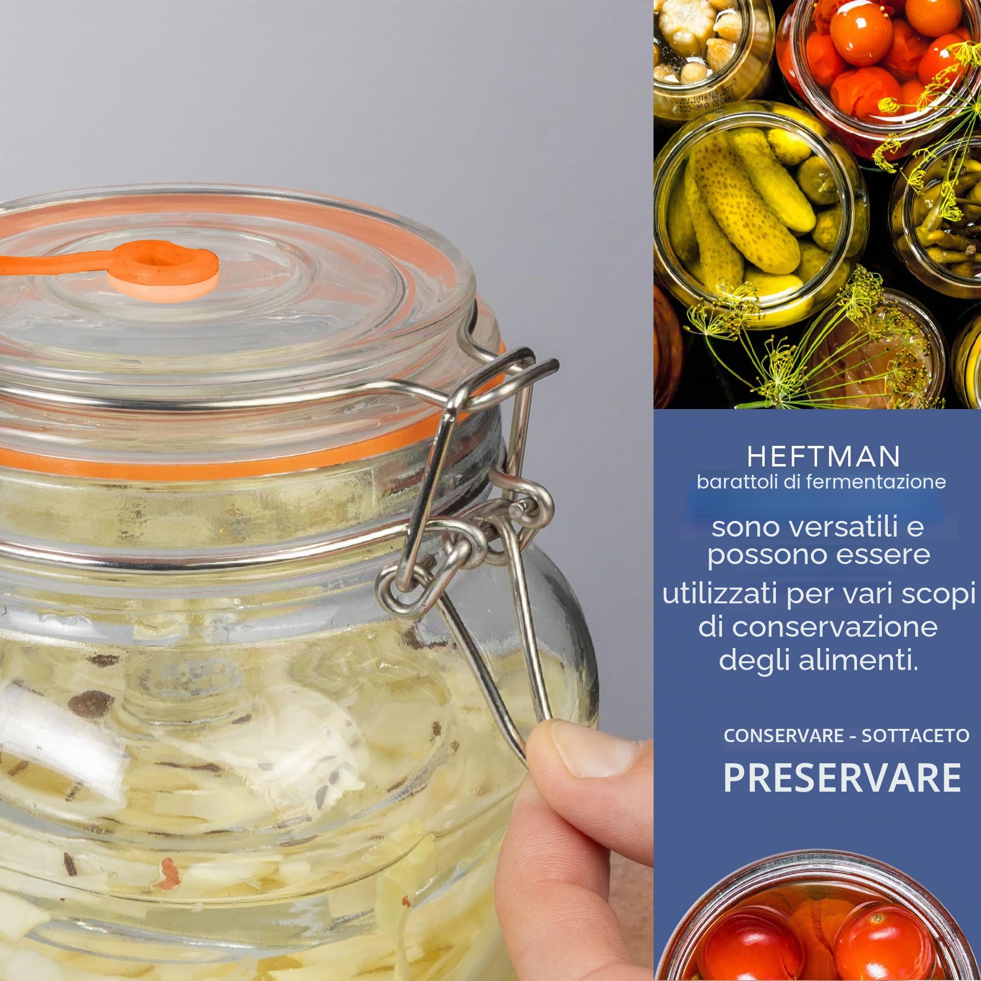 HEFTMAN Barattolo per fermentazione con Airlock, 1 l, ideale per fermentazione sicura, coperchi in silicone e pesi di fermentazione, confezione da 2