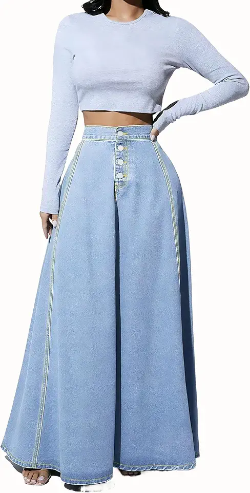 Saias jeans femininas retrô de cintura alta com botão rodado, saia maxi jeans evasê