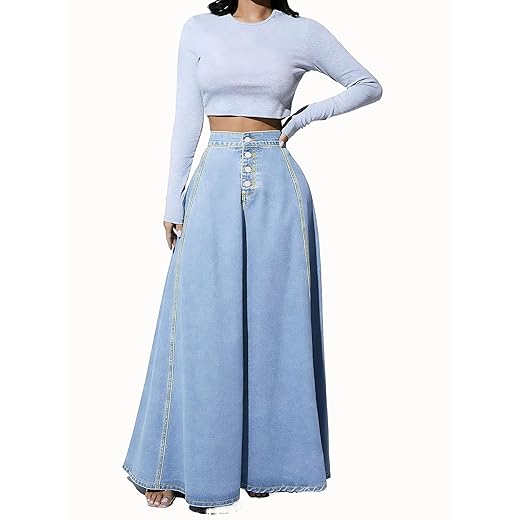 WSLCN Saias jeans femininas retrô de cintura alta com botão rodado, saia maxi jeans evasê
