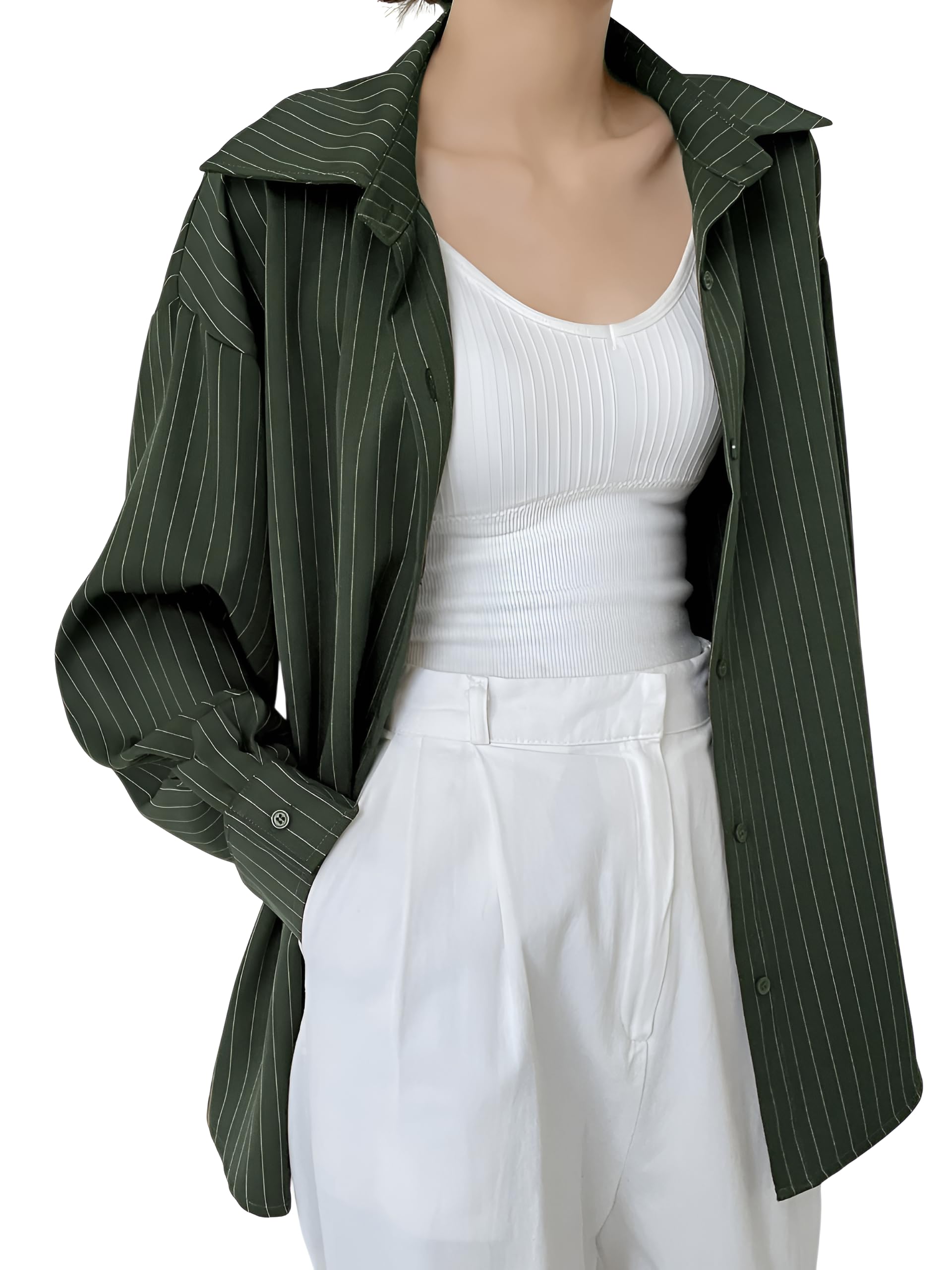 GRECIILOOKS Gestreiftes Damenhemd, koreanischer Stil, langärmelig, Übergröße, Knopfleiste, Bluse, Übergröße, für Büro, Freizeit