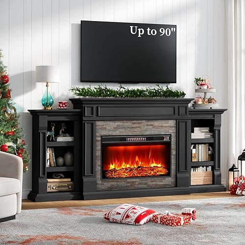 Miniatura 14 de LGHM Chimenea eléctrica de 72 pulgadas con repisa, soporte de TV para televisores de hasta 80 pulgadas, moderno centro de entretenimiento negro con