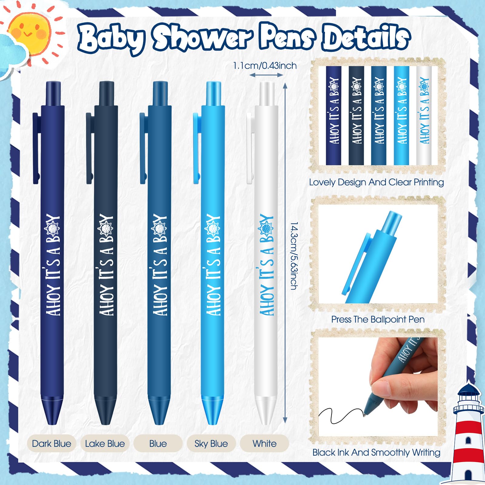 Engrowtic Druckkugelschreiber für Babypartys, Jungen, schwarze Tinte mit Dankeskarten, Babyparty, Spiel, Gastgeschenk für Gäste, Büro, Schreiben, Babyparty, Partyzubehör, 50 Stück