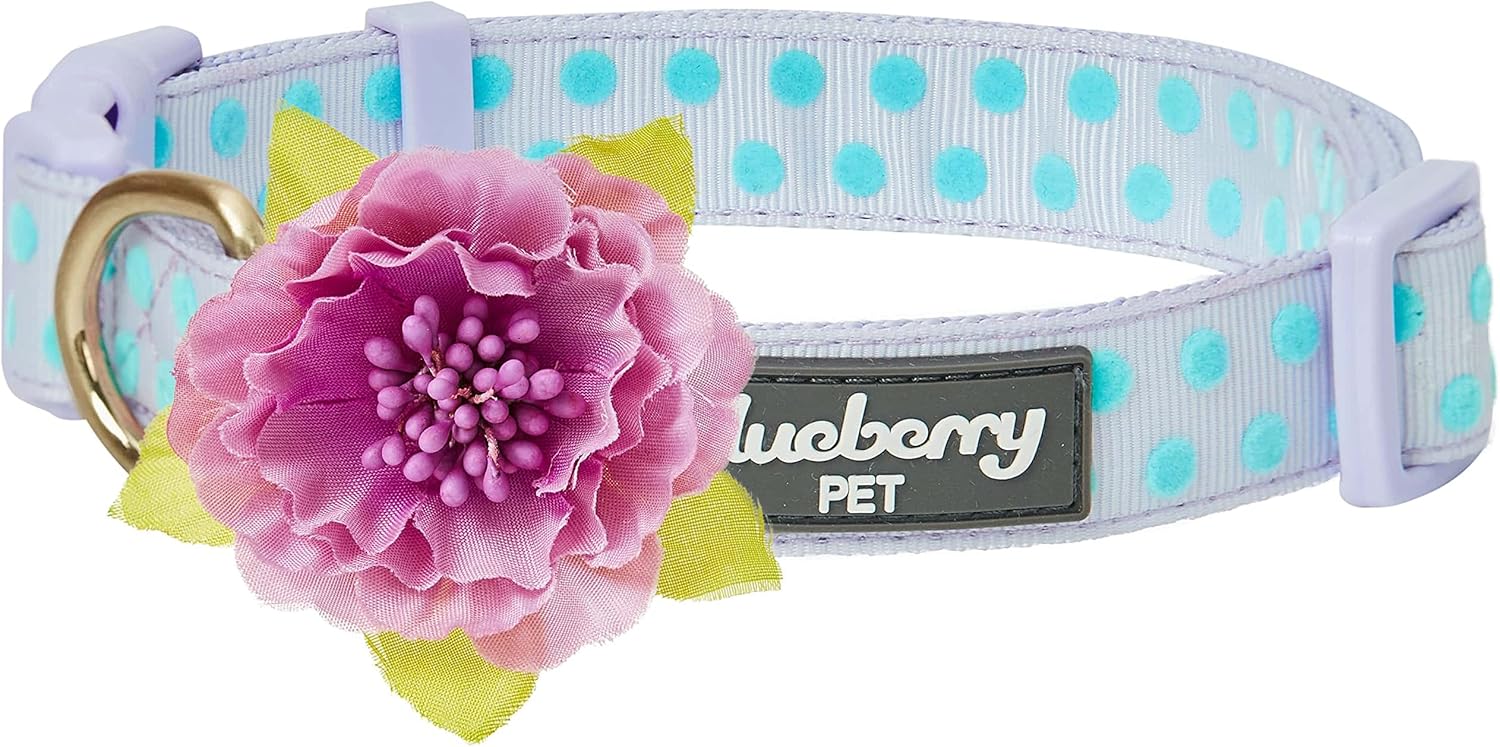 Blueberry Pet Collar de perro de San Valentín con lunares en morado pastel con flor aterciopelada desmontable, pequeño, cuello 30 cm-40 cm, collares ajustables para perros