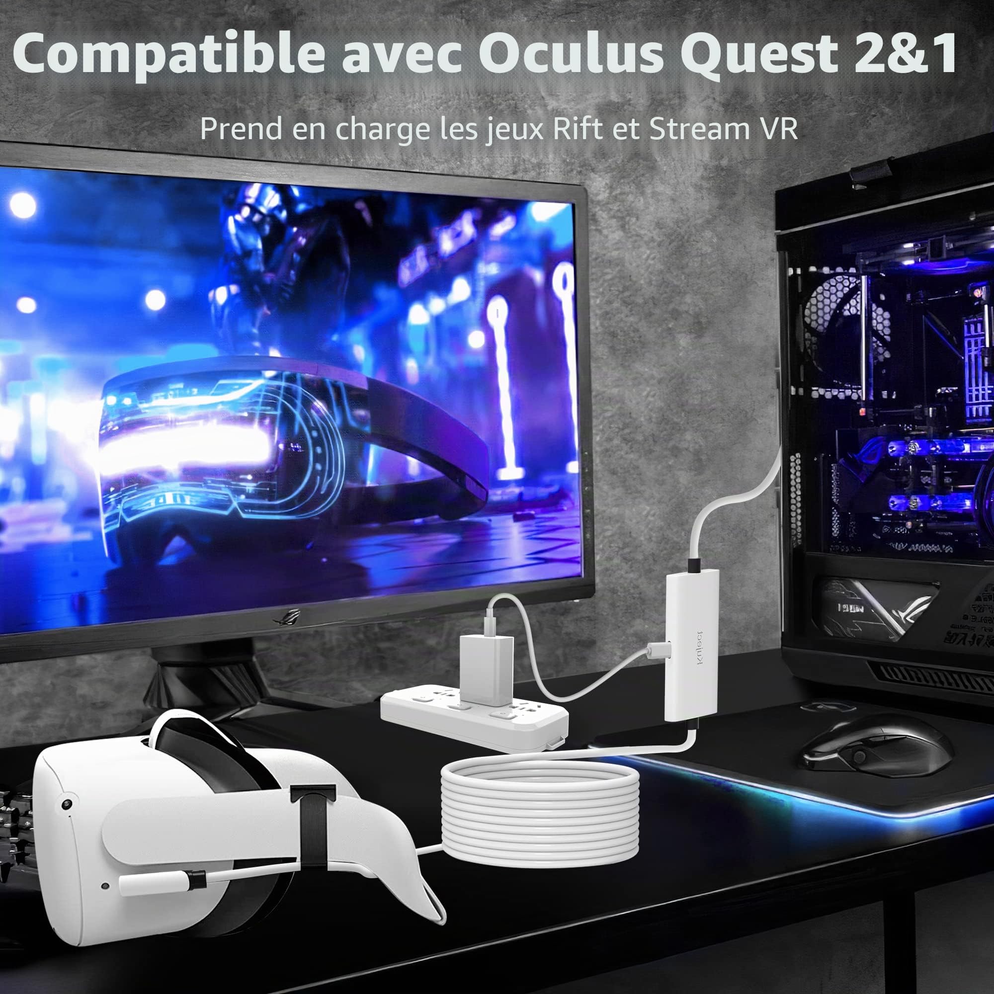 Kuject Cable Link 5m pour Meta Quest 3, avec Port de Charge séparé pour une Alimentation Ultra Durable, Câble USB 3.0 de Type A vers C pour Accessoire de Casque VR et jeu PC