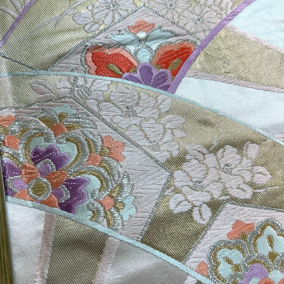 袋帯 美品 秀品 華文 花喰鳥 金銀糸 箔 灰緑 六通 正絹 六通柄袋帯 唐織 正倉院花文 金銀糸 正絹 529