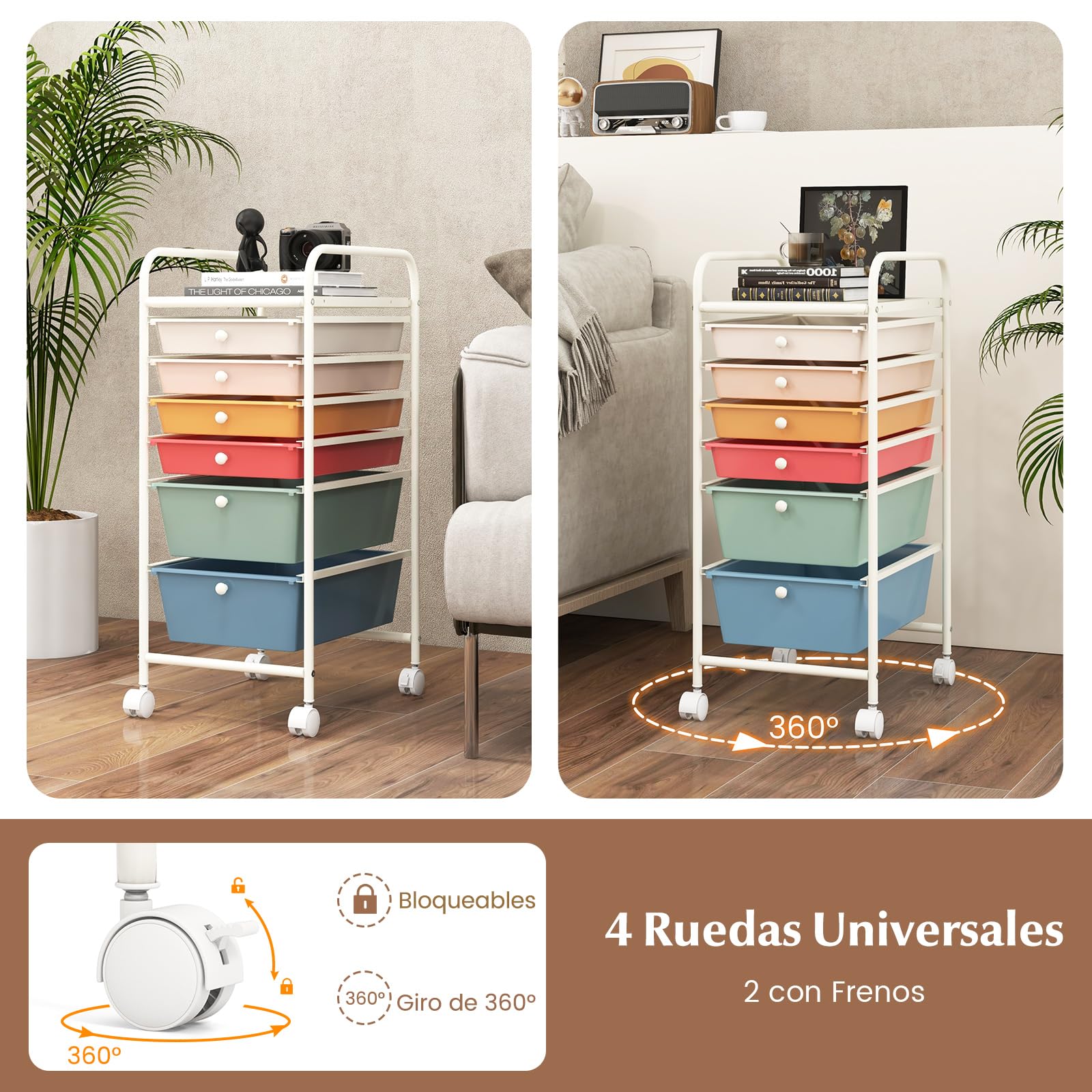 GIANTEX Carro de Almacenamiento con 6 Cajones, Cajonera con 4 Ruedas(2 con Frenos), Tablero y Marco de Metal, Cajones Plásticos, Carrito Auxiliar para Oficina, Dormitorio, Baño (Macaron)