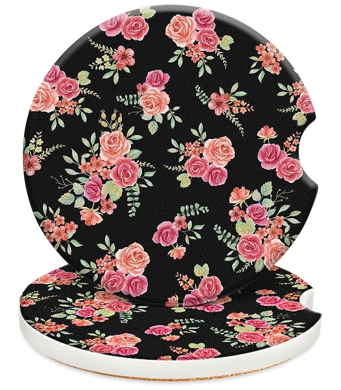 Porta-Copos Automotivo de Cerâmica Swooflia com Base de Cortiça Flor Rosa sobre Fundo Preto, 2 Unidades