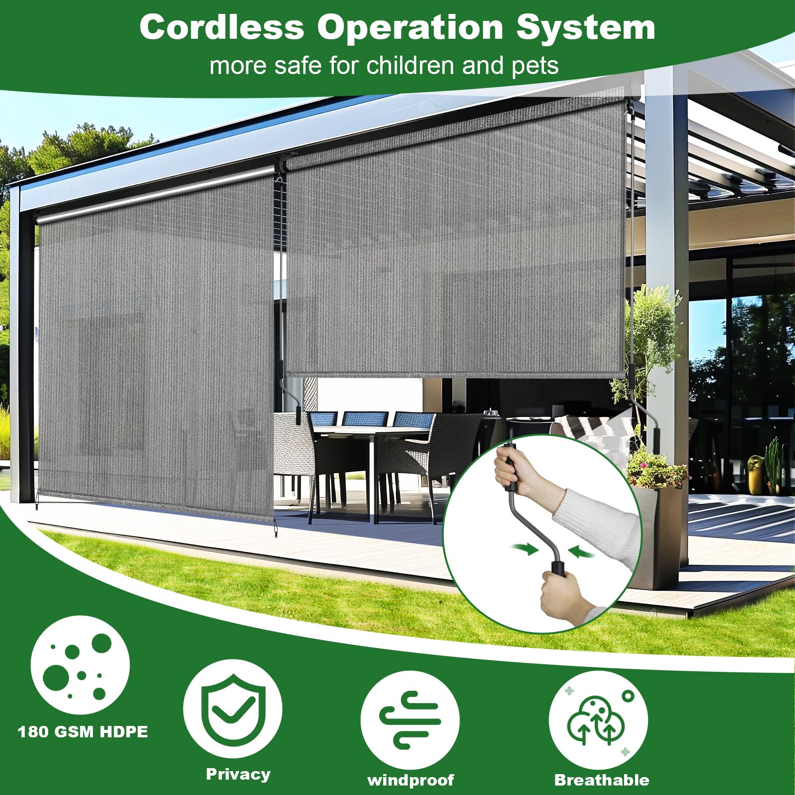 LIFERUN Markiza pionowa 240 x 180 cm HDPE do pergoli tarasowej z bezprzewodową korbą