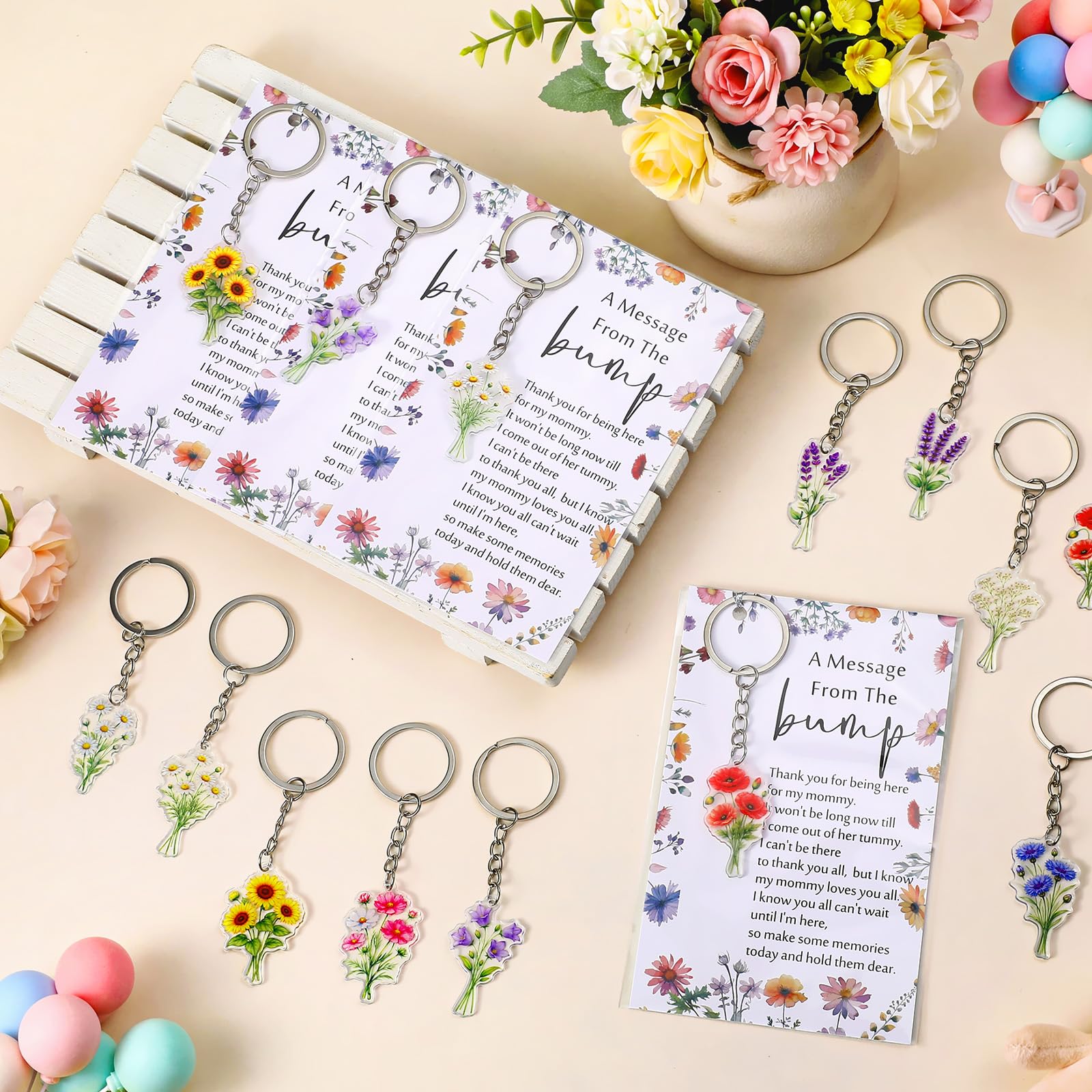Landical 25 juegos de recuerdos de fiesta de baby shower para invitados, 25 llaveros acrílicos, 25 tarjetas de agradecimiento para fiesta de revelación de género del bebé (colorido, flor silvestre)