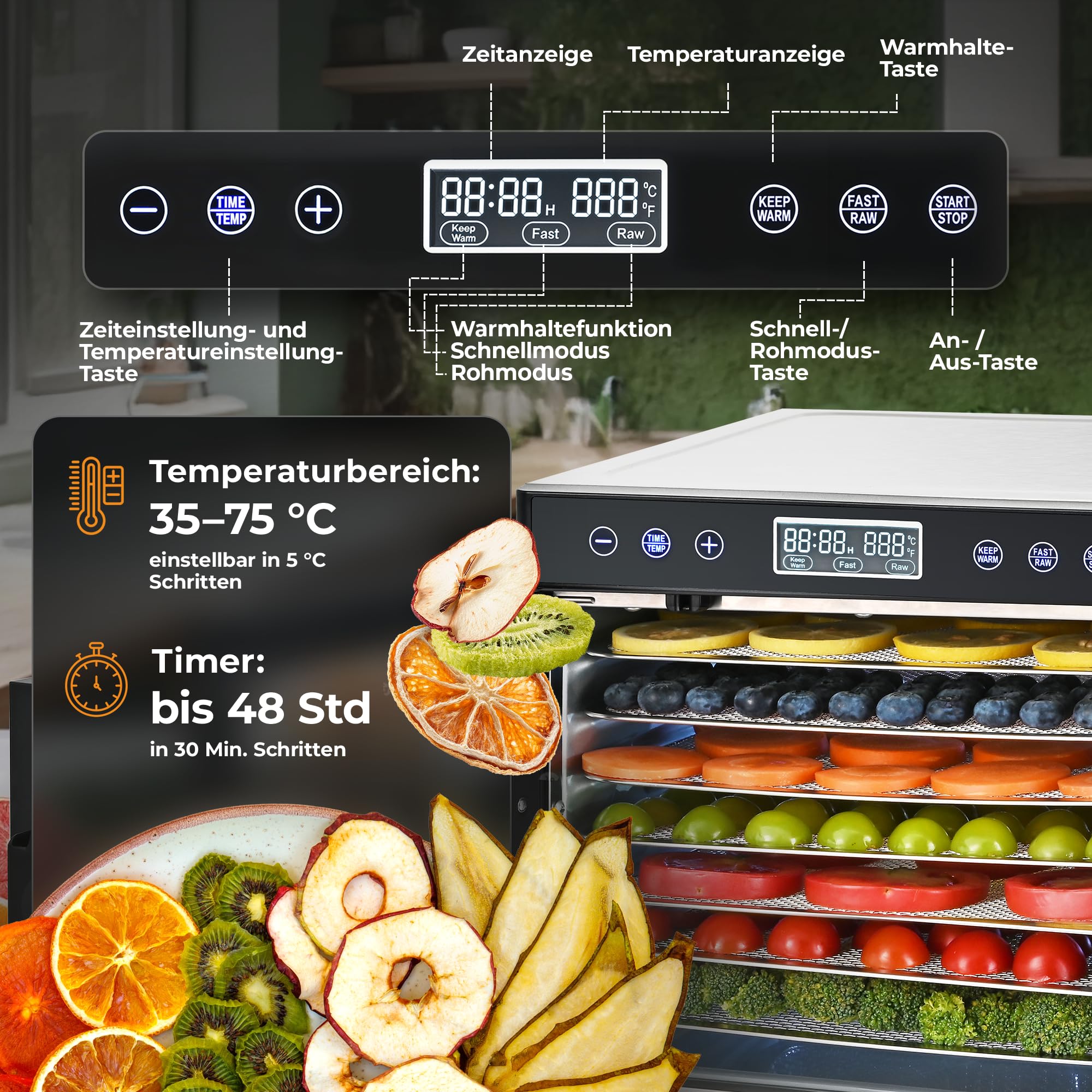 Balter Dörrautomat Edelstahl, Dörrgerät mit 7 Einlegefächern, BPA-frei, 600 W, 35°–75°C, Timer bis 48 Std, Dehydrator, Obsttrockner, Dörrapparat, Warmhaltefunktion, Obst Fleisch Pilze, Rezeptbuch