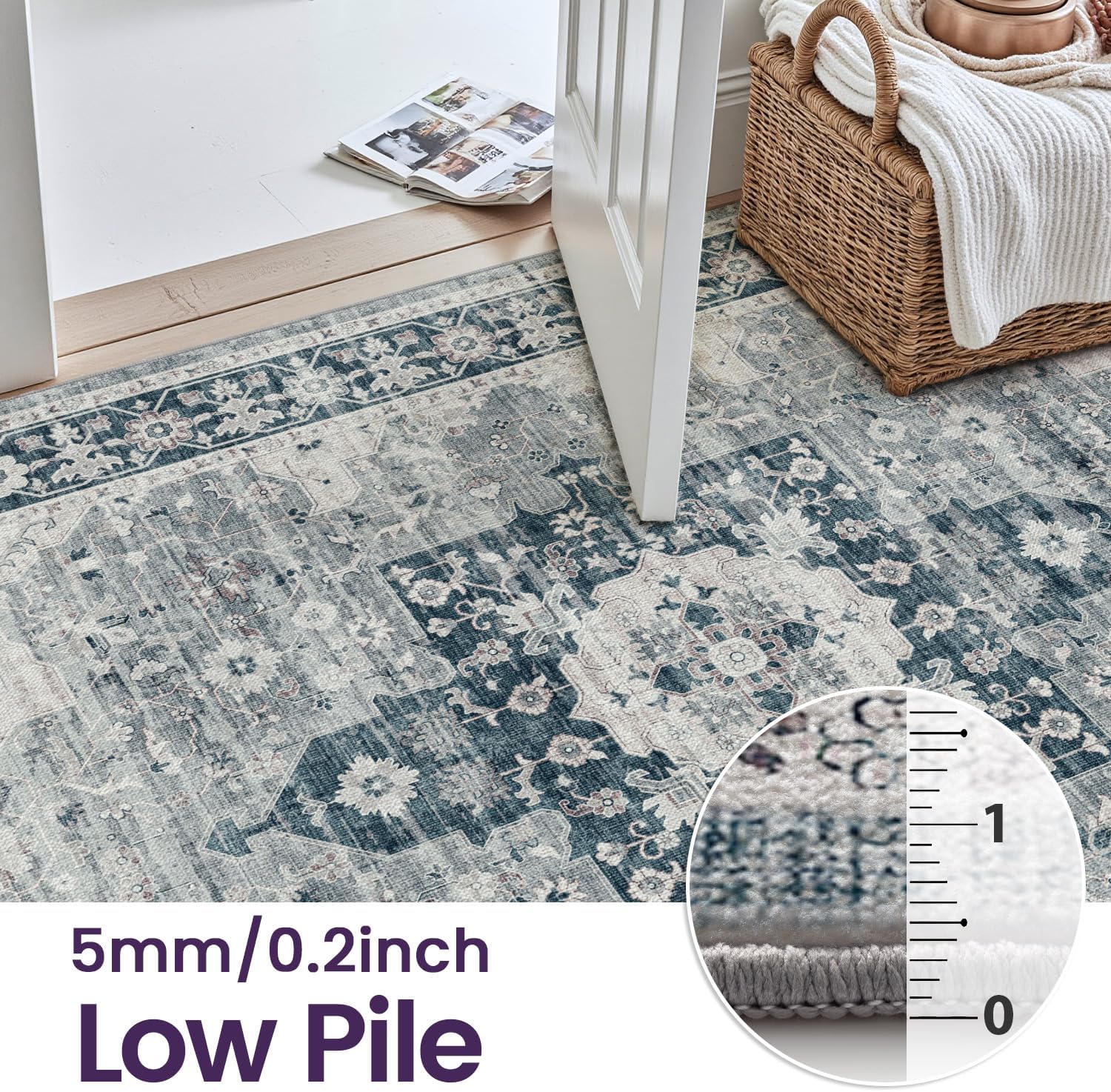 DEXI Washable Area Rug for Living Room 10x14, Vintage Farmhouse Soft Indoor Large Rugs, Stain Resistant Low Pile Carpet with Non Slip Backing for Dining Bedroom Office, Blue Grey