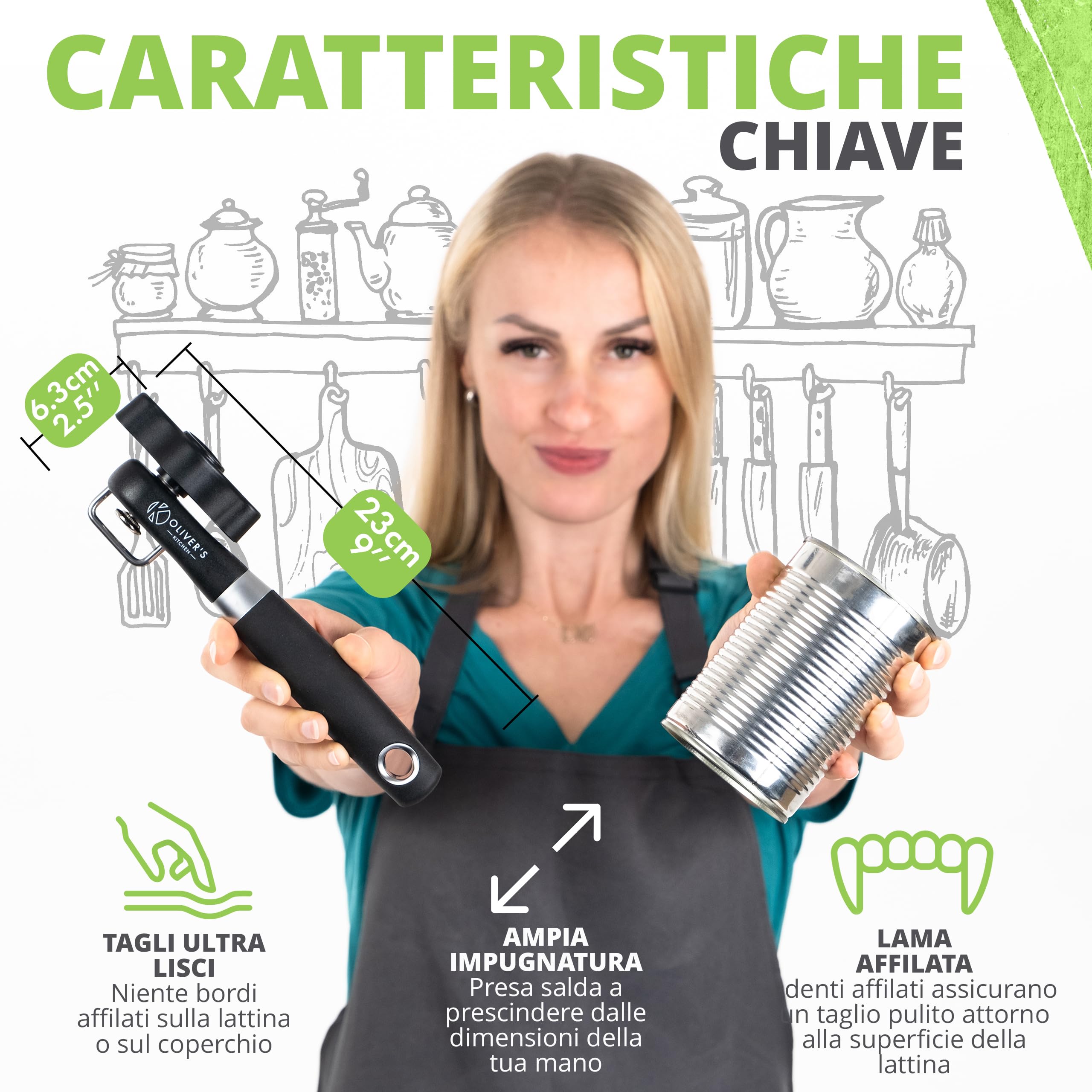 Oliver's Kitchen Apriscatole Professionale di Sicurezza Manuale per Lattine Bordo Smussato Impugnatura Ergonomic