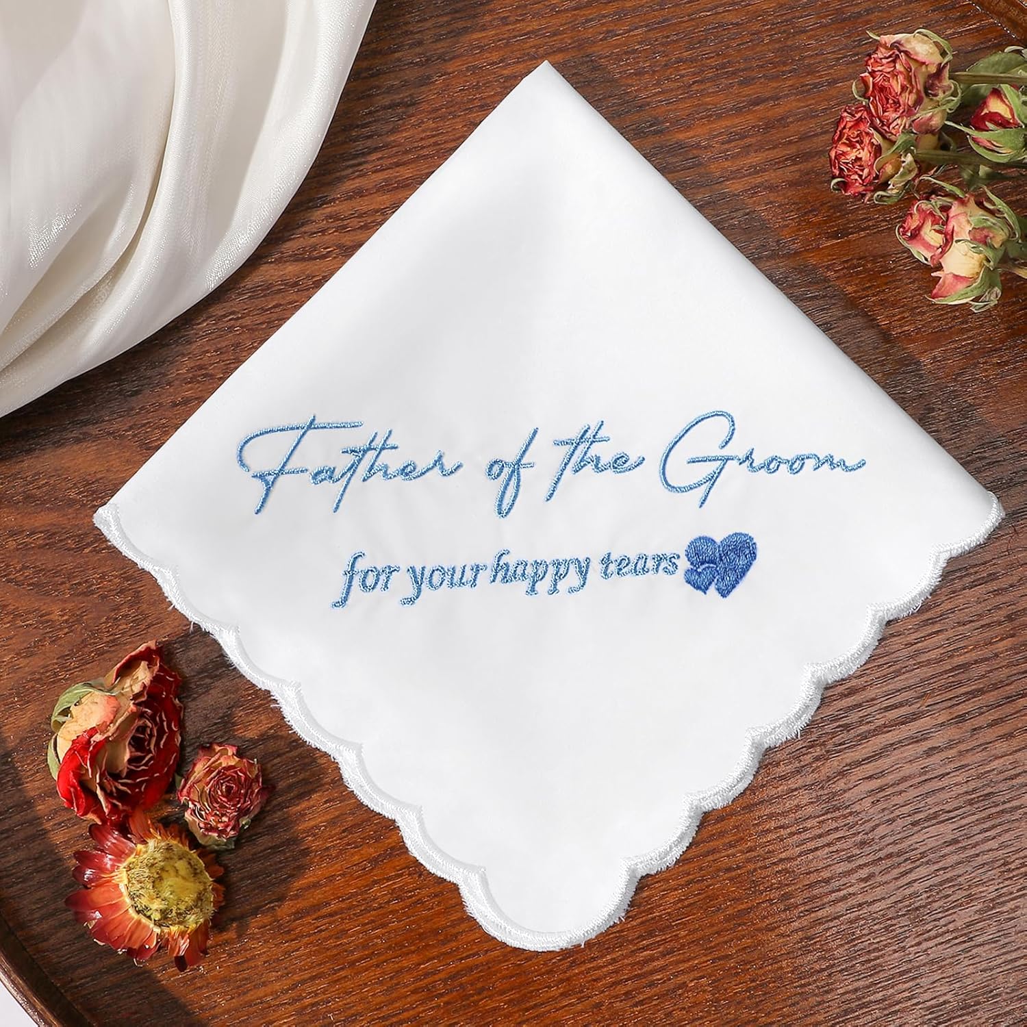 Wedding Handkerchief Something Blue for Bride, Mother Father of the Brides Groom Gifts, Embroidered Happy Tears Cotton Hanky - Image 4
