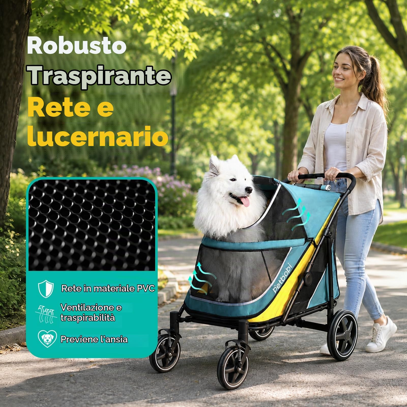 Petbobi Passeggino per cani di taglia grande e media – Passeggino per animali domestici a doppio ingresso facile da piegare con freno a un piede, carrello per tutti i terreni con rete d'aria, ideale