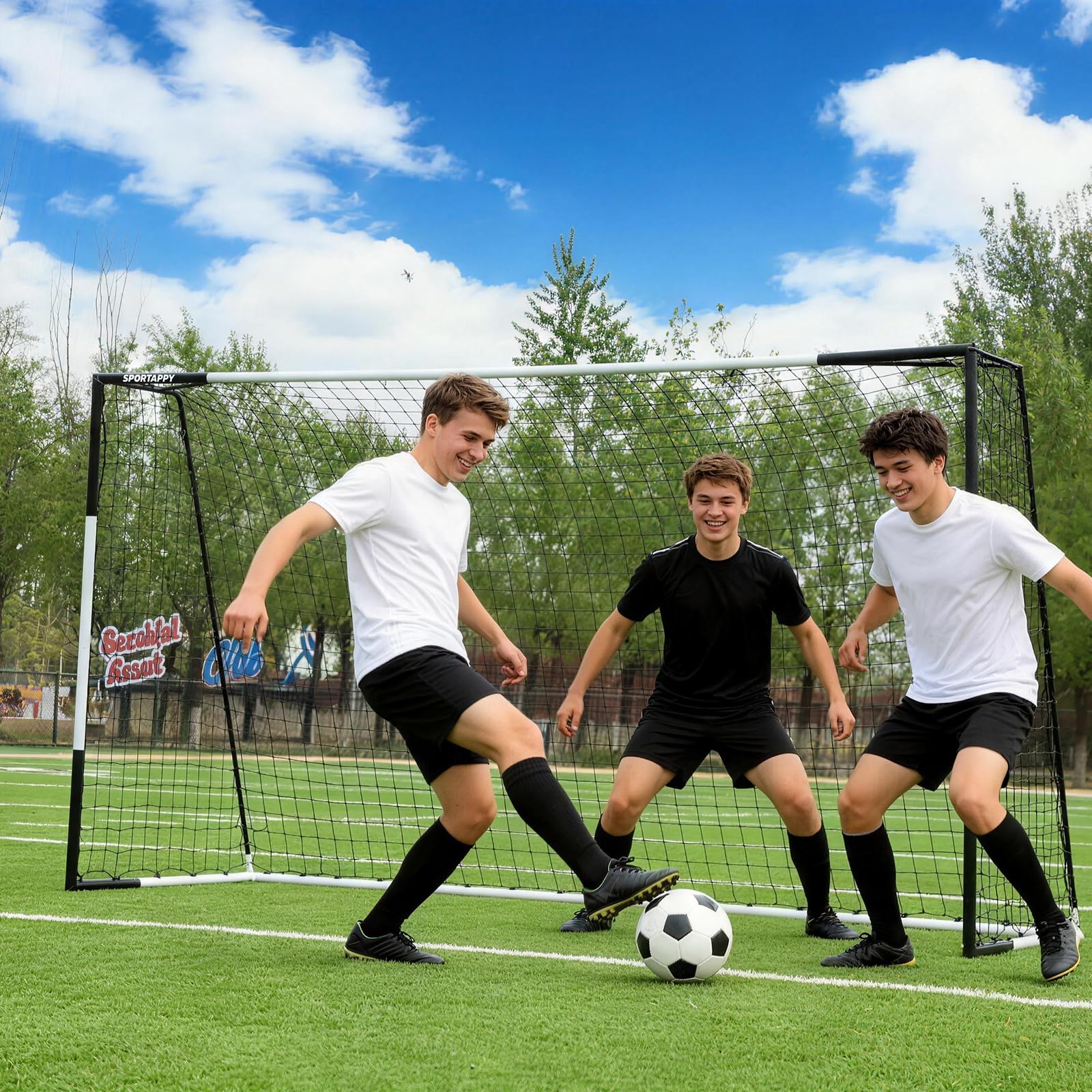 Porta da calcio per uso intensivo 2,6x3 | 4x6 | 6x8 | 6,5x10 | 6,5x12 piedi, struttura in acciaio resistente alle intemperie, montaggio rapido senza attrezzi