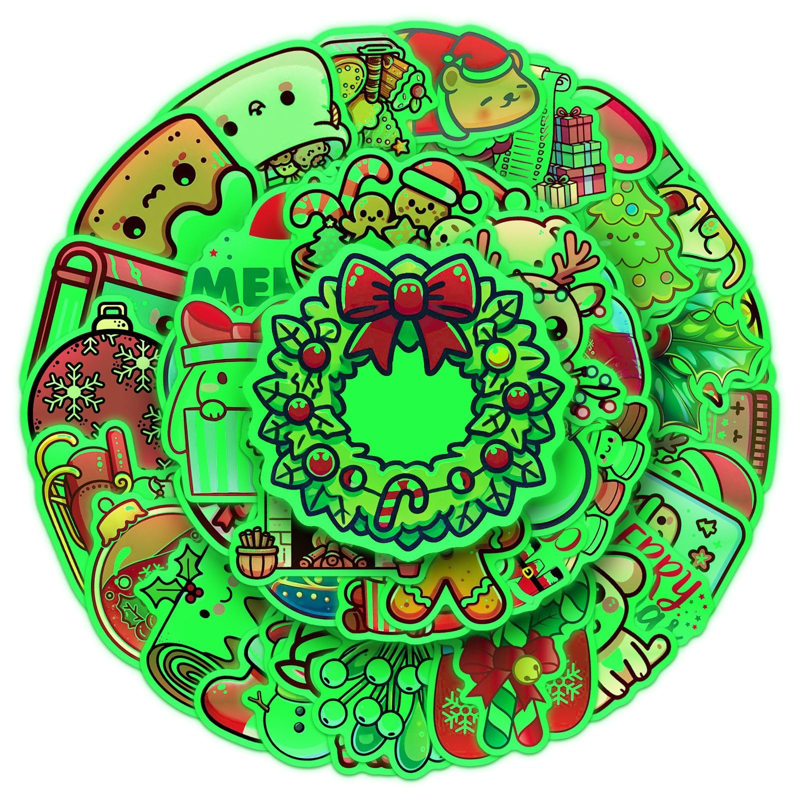 52Pcs Glow in The Dark Christmas Stickers Holiday Themed Vinyl Decals for Laptops Skateboards Luggage Helmets Bikes and Phones Fans Lovers and Festive Vibe Enthusiasts