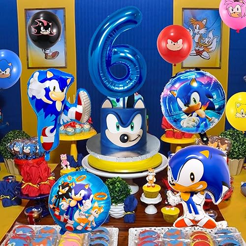 Miniatura 4 de 15 globos sónicos, globos de fiesta de cumpleaños con temática de erizo azul, globos de estrella de helio de aluminio, suministros de fiesta de