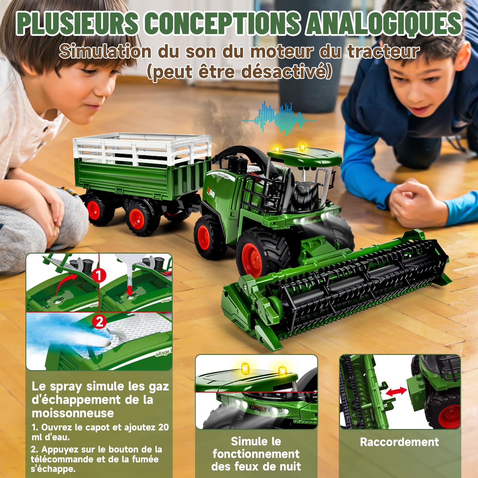 Ulikey Moissonneuse Batteuse Télécommandée 2,4 GHz Tracteur Électrique Enfant avec Lumière Remorque Jouet Ferme Cadeau Anniversaire 3-7 Ans