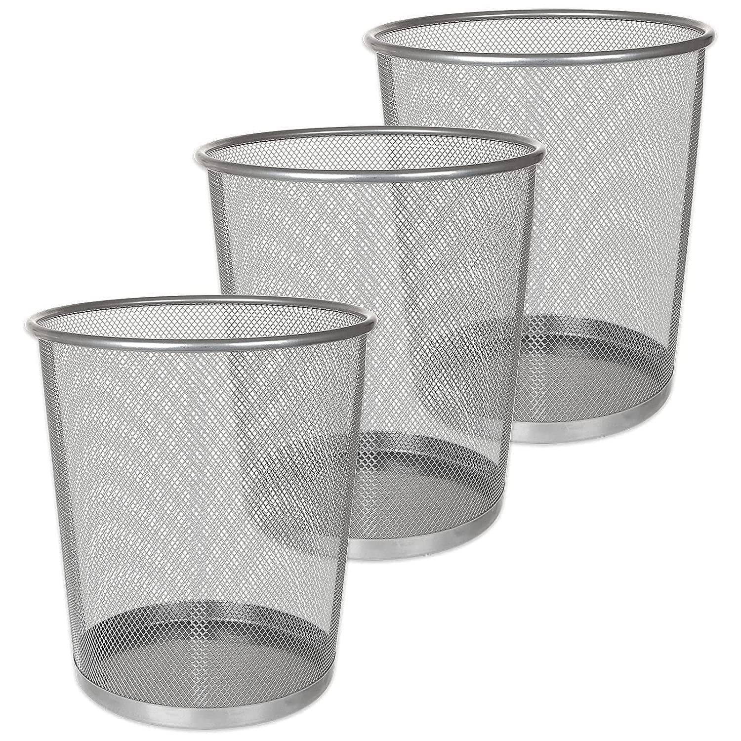 AHUNTTER 3 Pack Mesh Waste Paper Bin 12 Litres Metal Waste Basket Small Trash Can Rubbish Bin for Bedrooms Bathrooms Office Home Kitchens Supplies, 24 X 26cm Silver Circular