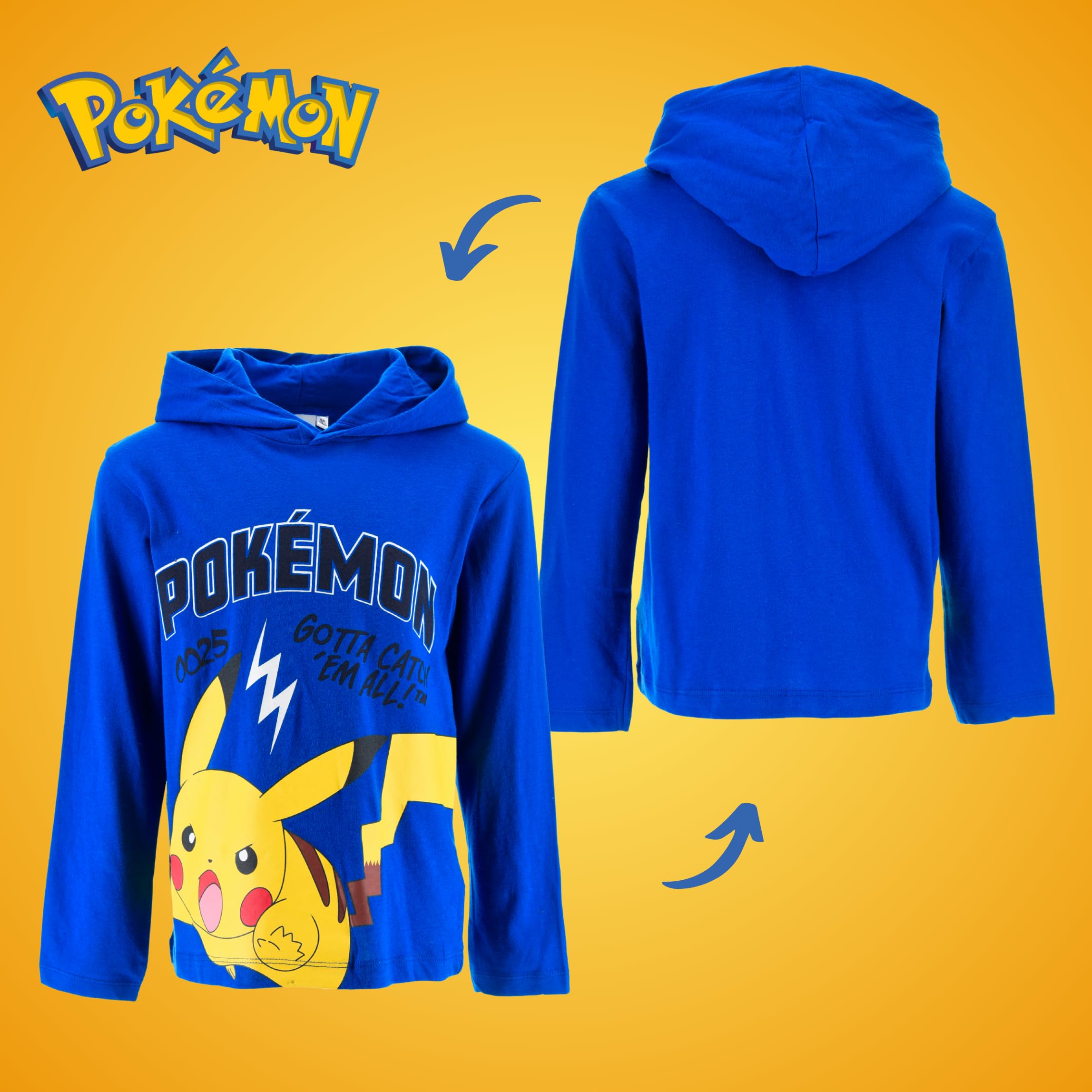 Pokemon Jungen T-Shirt Langarm Kapuzen Weiches Textil, Geschenk für Kinder, Größen 4 bis 12 Jahre