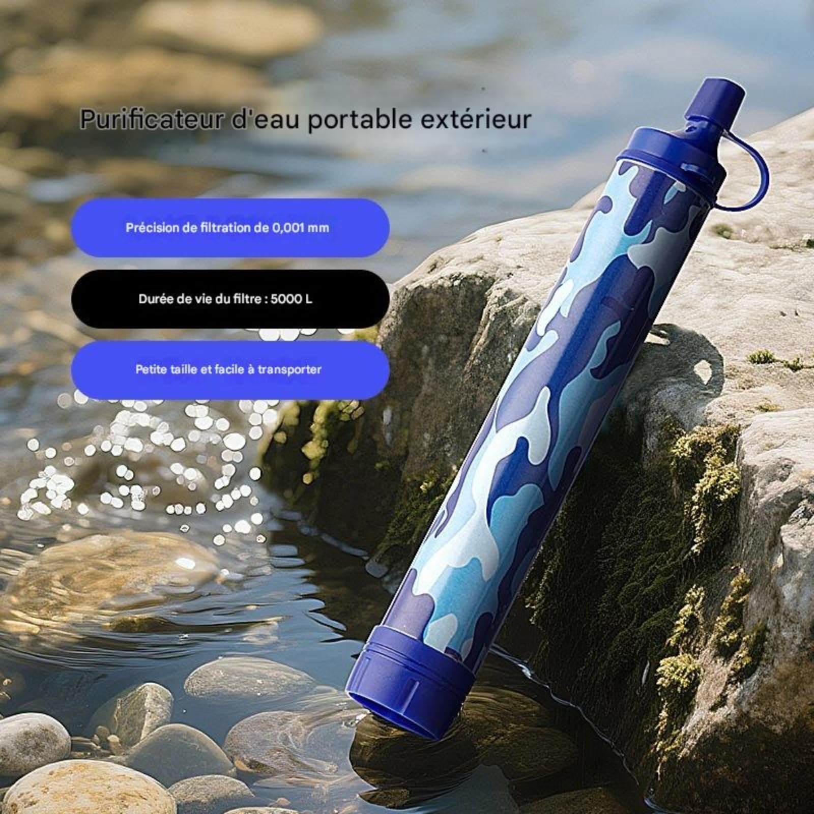 Filtro acqua portatile, cannuccia filtro per bere direttamente all'aperto, 5000 l, filtro impurità e acque reflue, accessorio indispensabile per idratarsi in piena natura, 1 unità