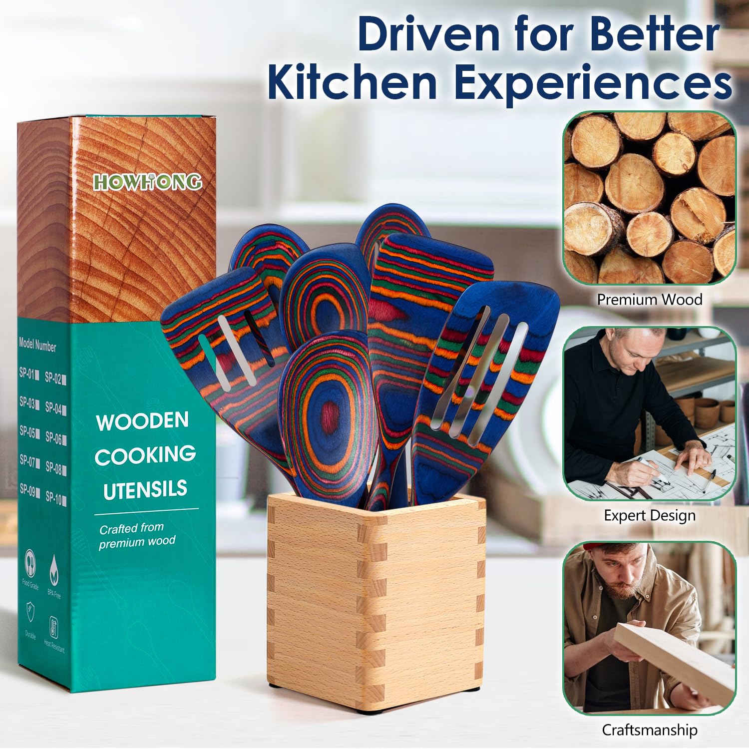 HOWHONG - Cucharas de madera para cocinar, 7 piezas de madera de Pakkawood, juego de utensilios de cocina que incluye espátula, cuchara esquinera, paleta de arroz, apta para utensilios de cocina